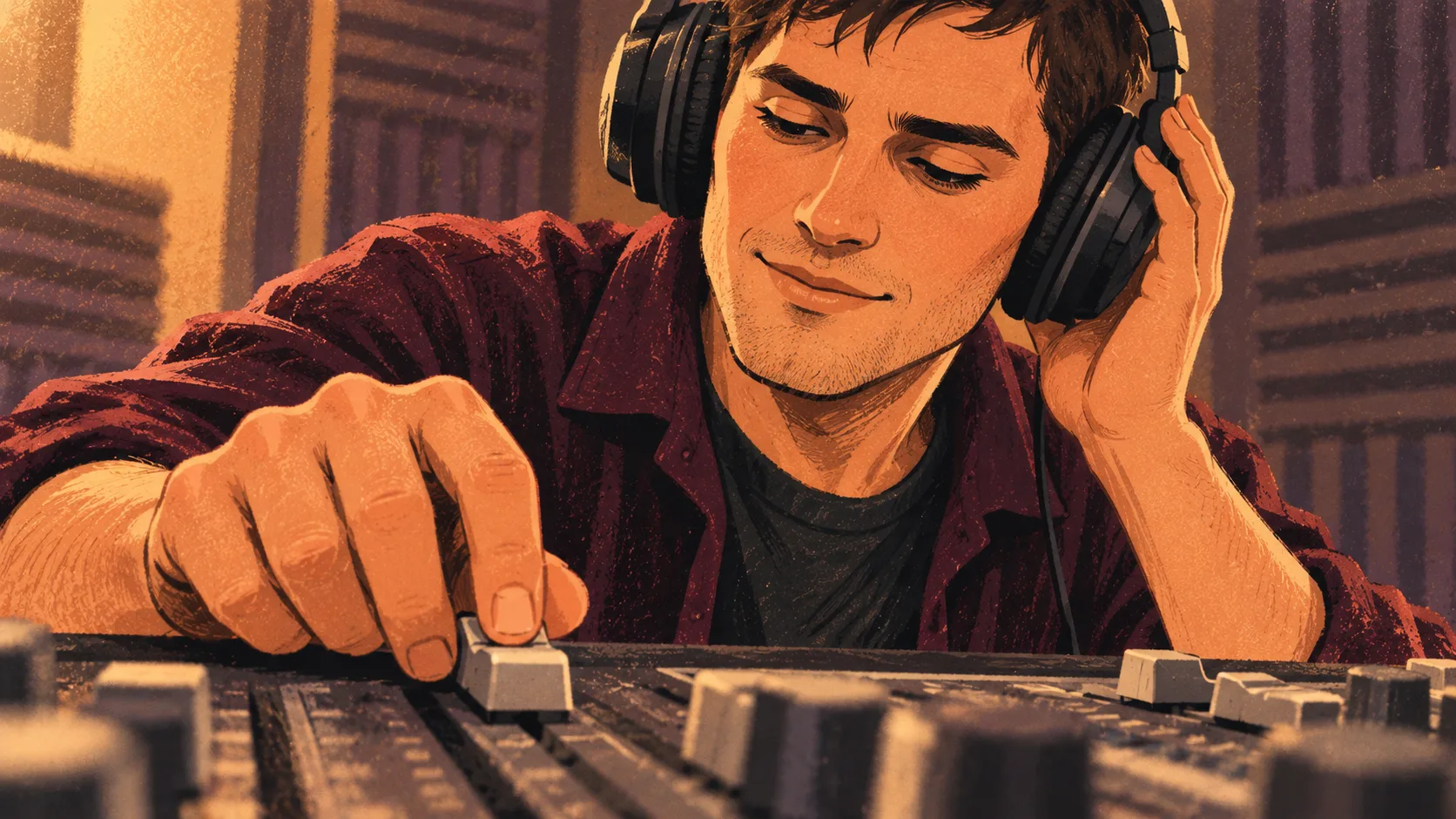 A film sound editor listens through headphones while adjusting a physical audio fader, absorbed in the soundtrack.