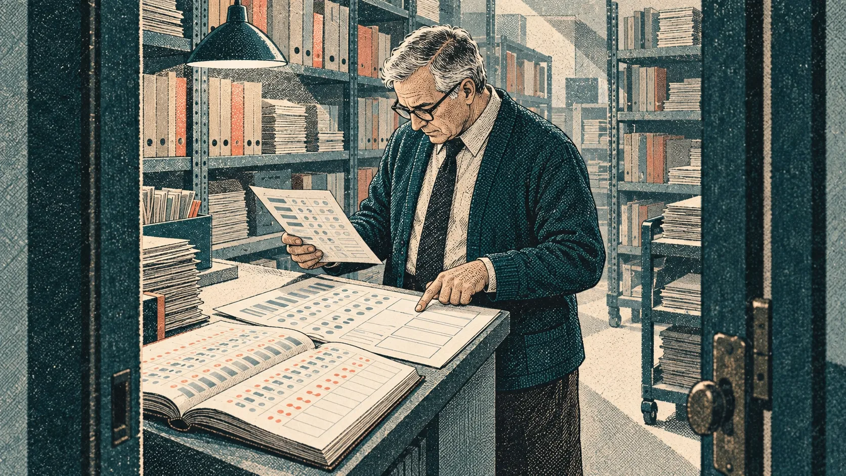 A standing financial reviewer checks an incomplete accounting report against supporting records before approving the books.