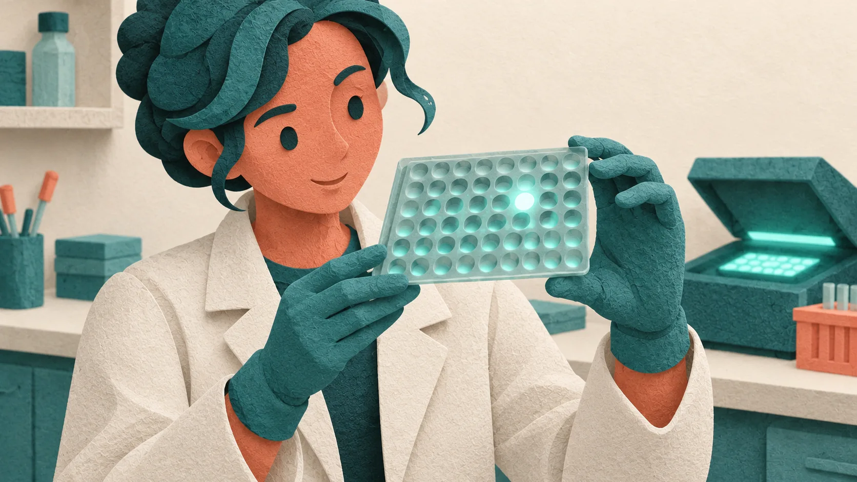 A researcher examines an enzyme assay plate with many faintly fluorescent samples and a much brighter reference sample.