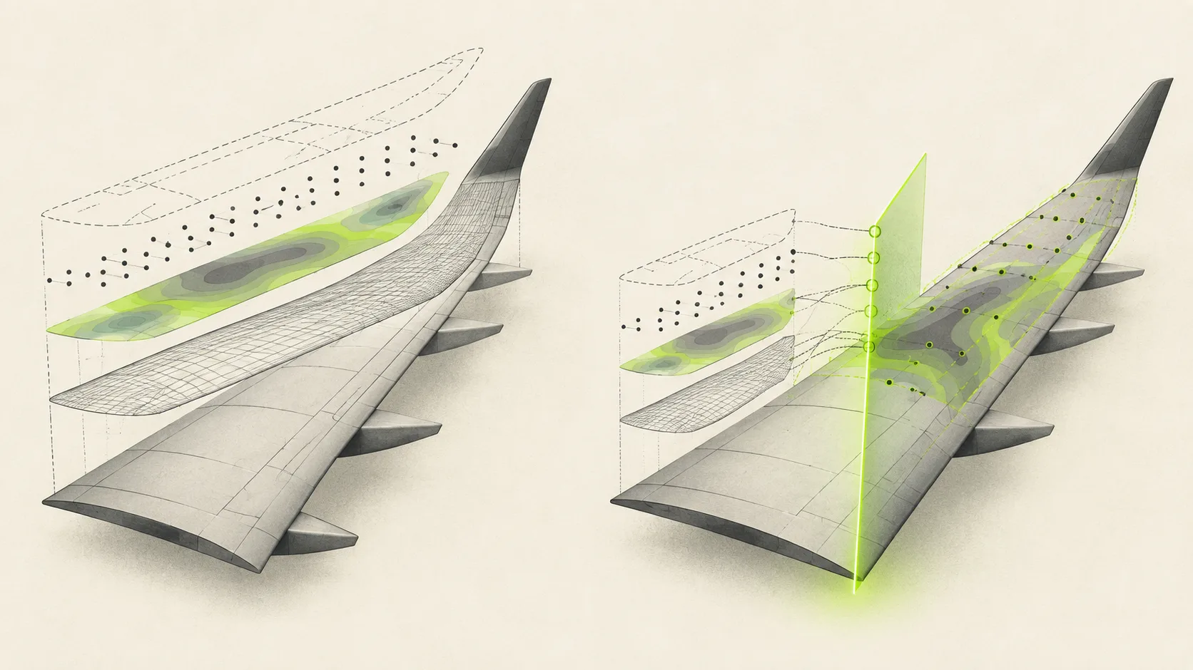 Engineering software aligns an aircraft wing’s CAD geometry with requirements, simulation results, and measured test data.