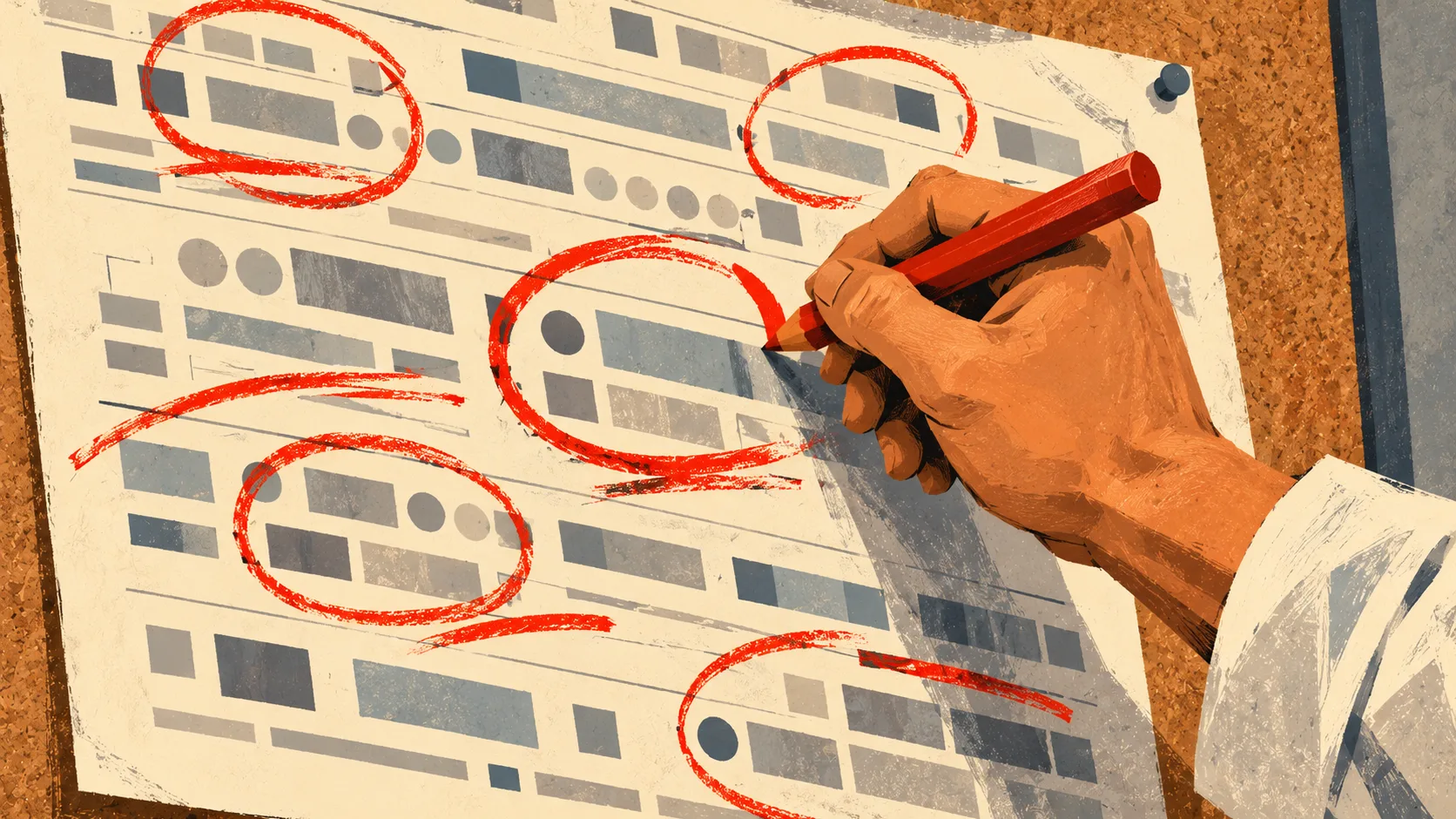 A researcher marks previously unreported faults on a large printed execution log during a targeted check.