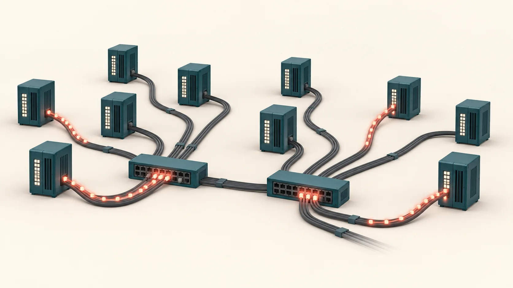 A distributed training cluster exchanges data through network switches while four processing paths work and memory remains occupied across the cluster.