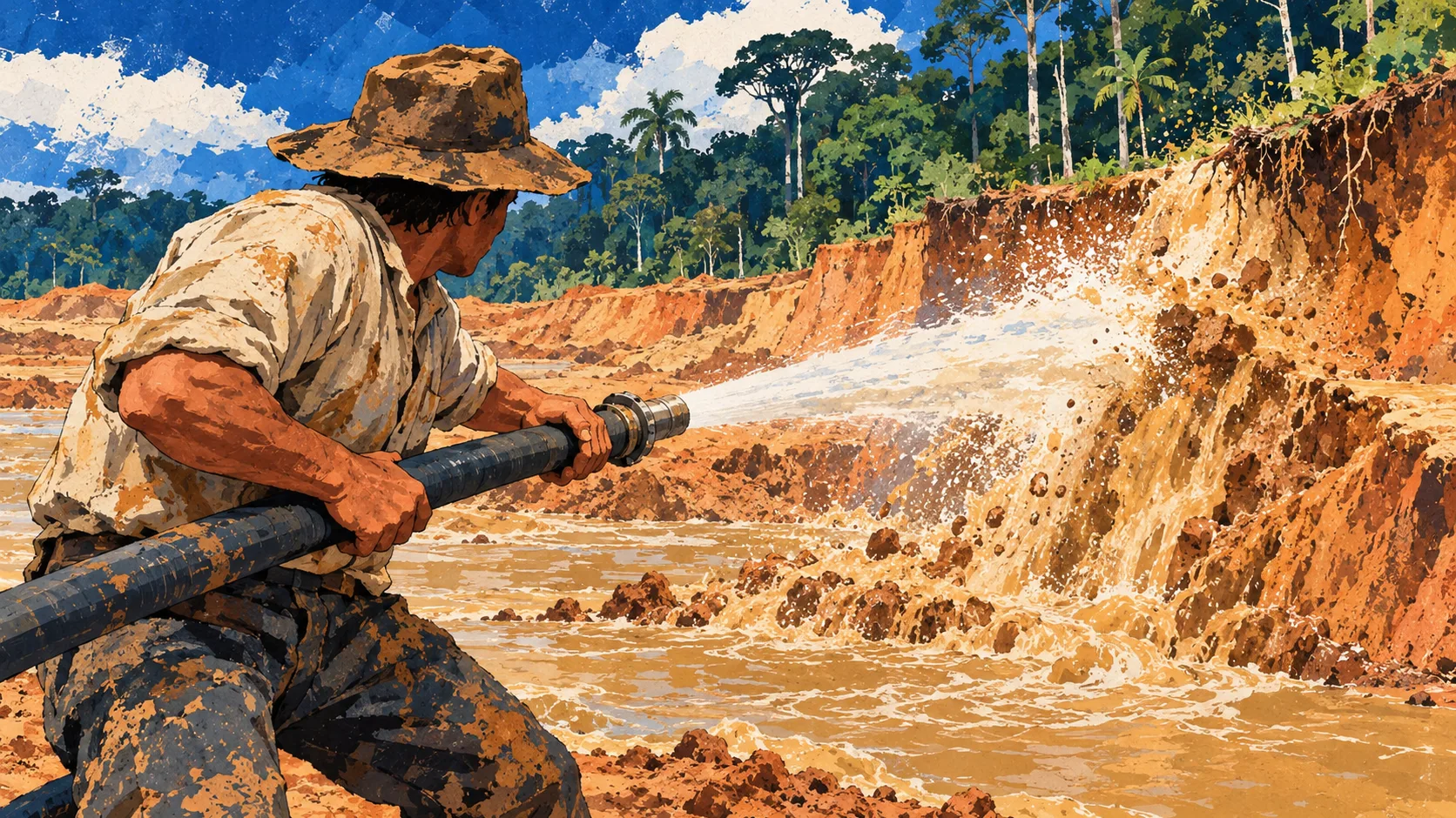 A miner directs a powerful hose into cleared rainforest soil, washing sediment into a mining pool beside the remaining trees.