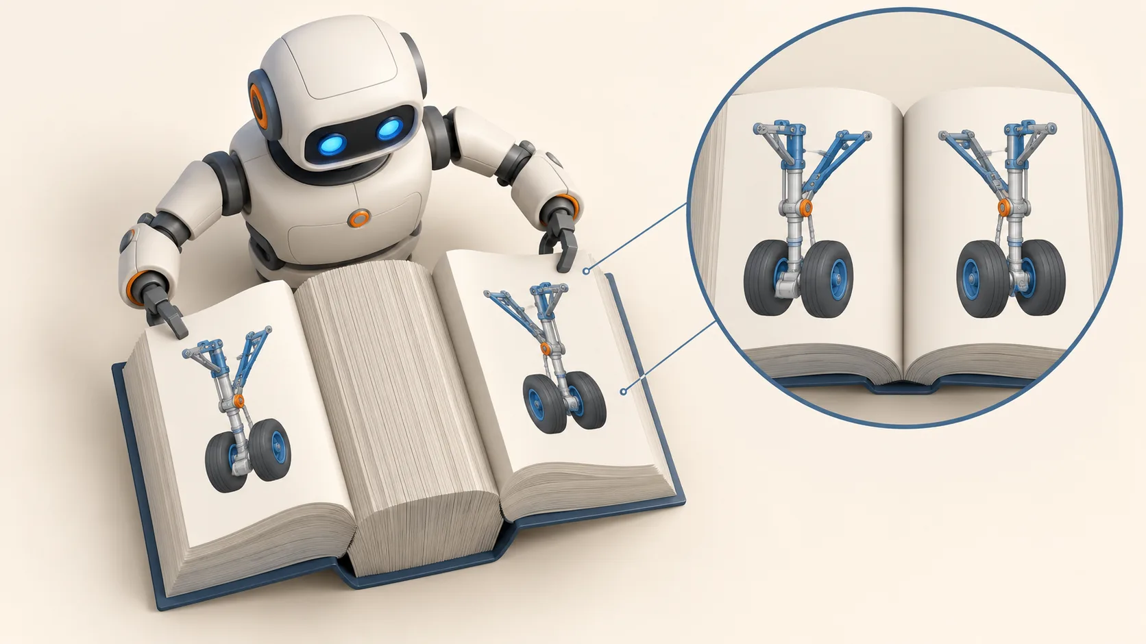 An AI agent reviews a thick aircraft maintenance manual, locating matching component diagrams on widely separated pages.