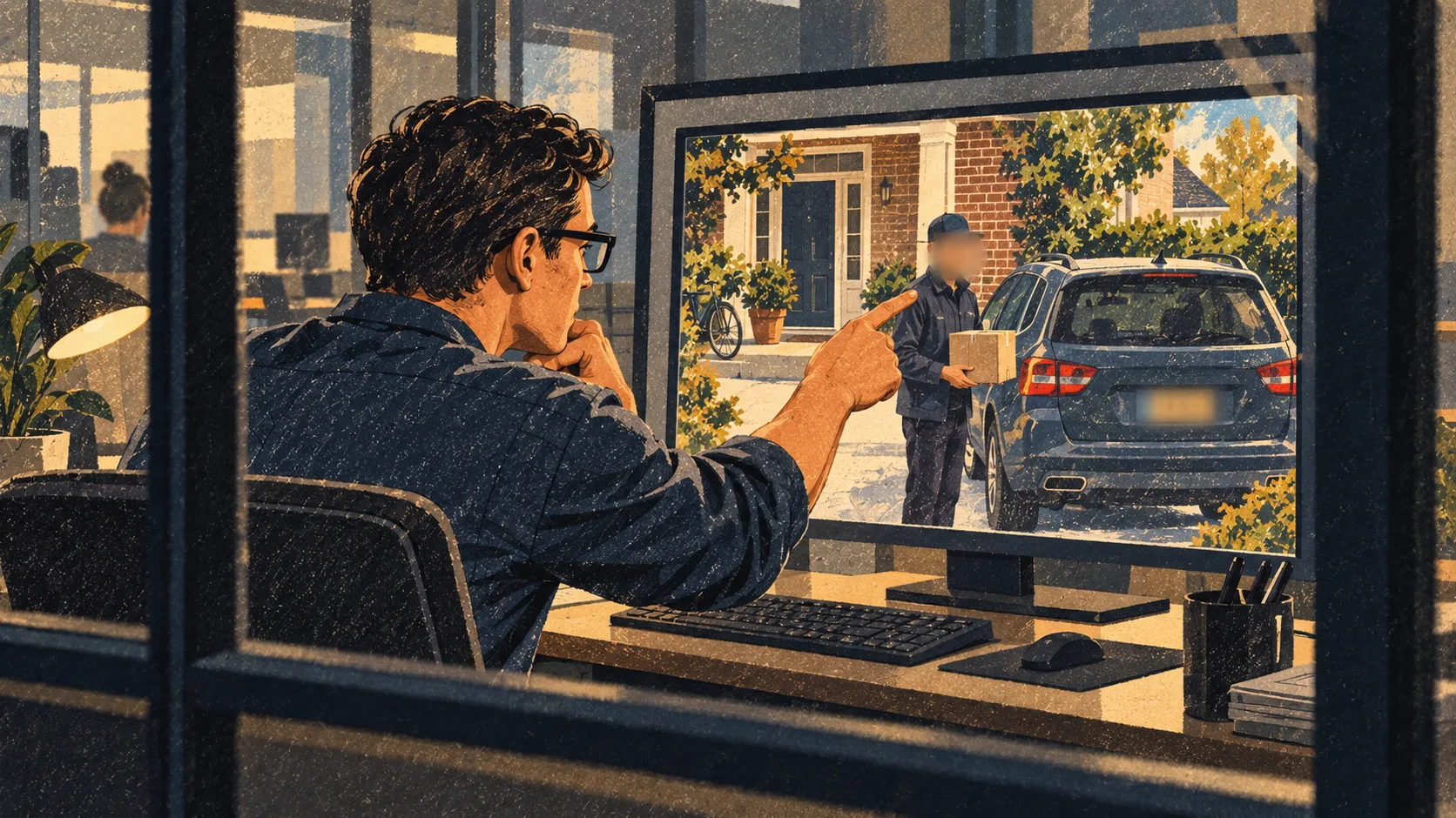 A reviewer examines a delivery photograph with a blurred person and license plate, while the surrounding private property remains visible.