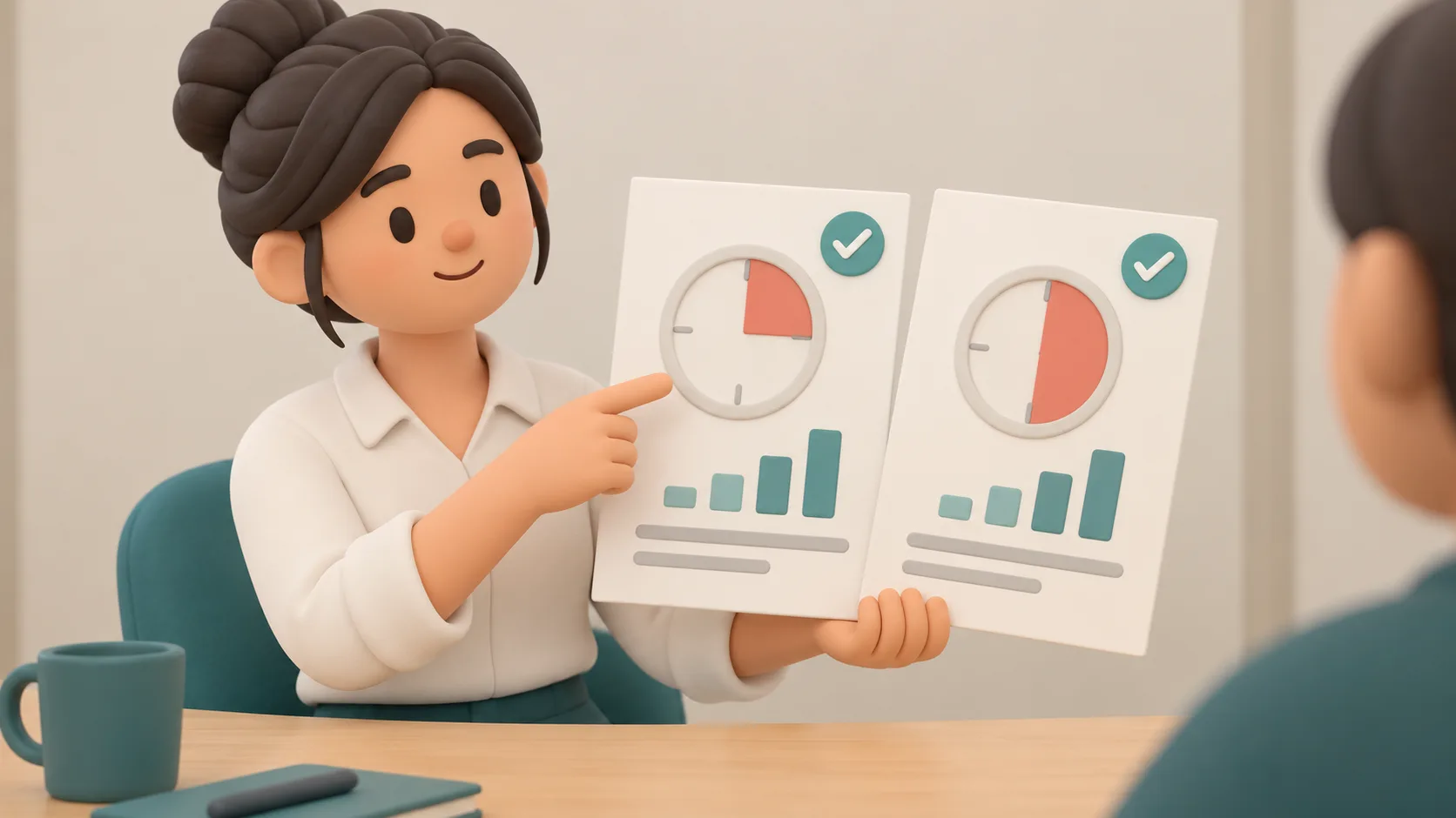 A researcher compares two successful benchmark reports with timers indicating that one evaluation finished in half the time.
