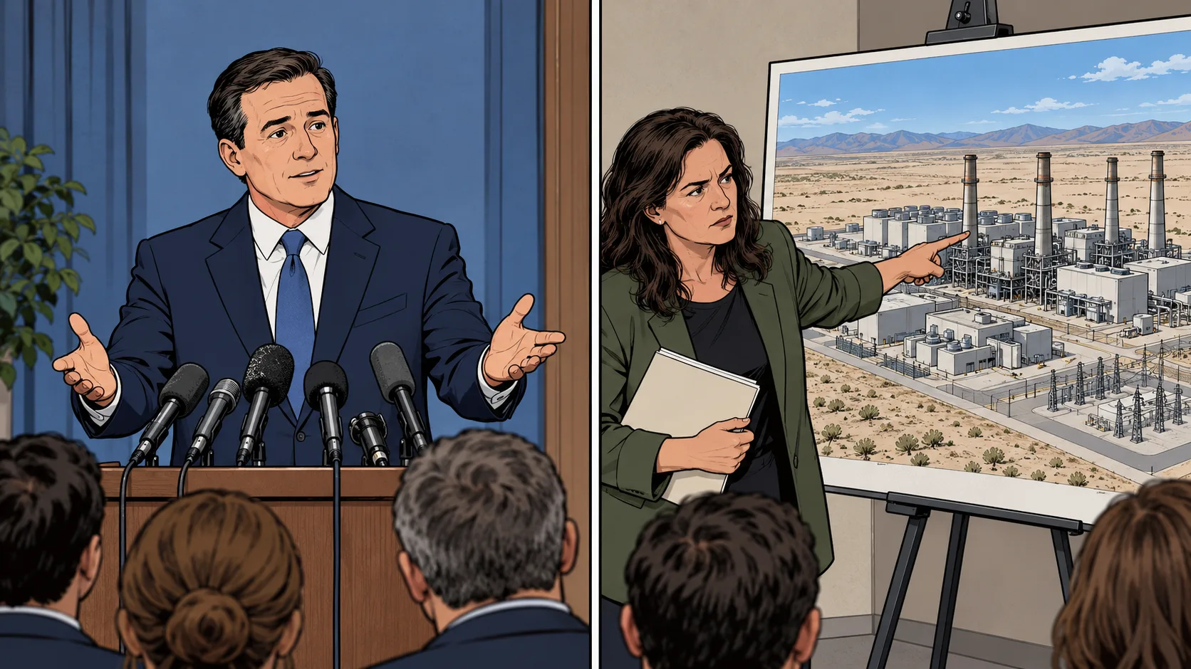 A corporate spokesperson offers reassurance while an environmental advocate challenges a proposal for a large desert power plant.