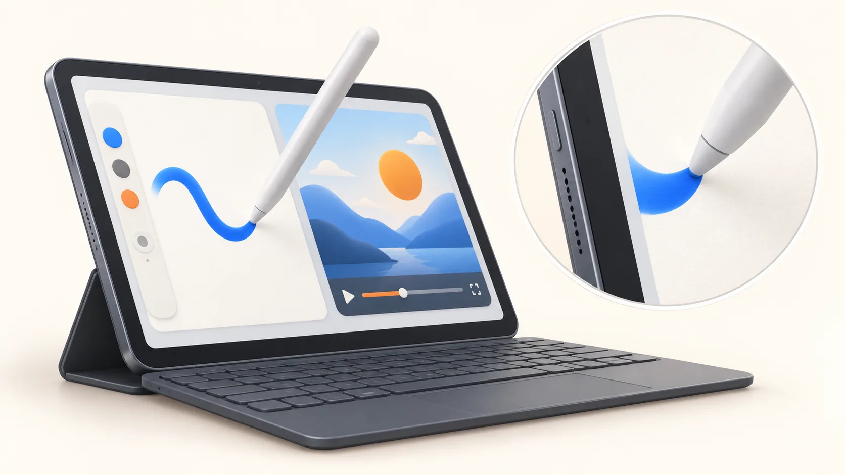 A thin tablet with a keyboard runs multiple windows, while a magnified detail shows a stylus drawing on its display.