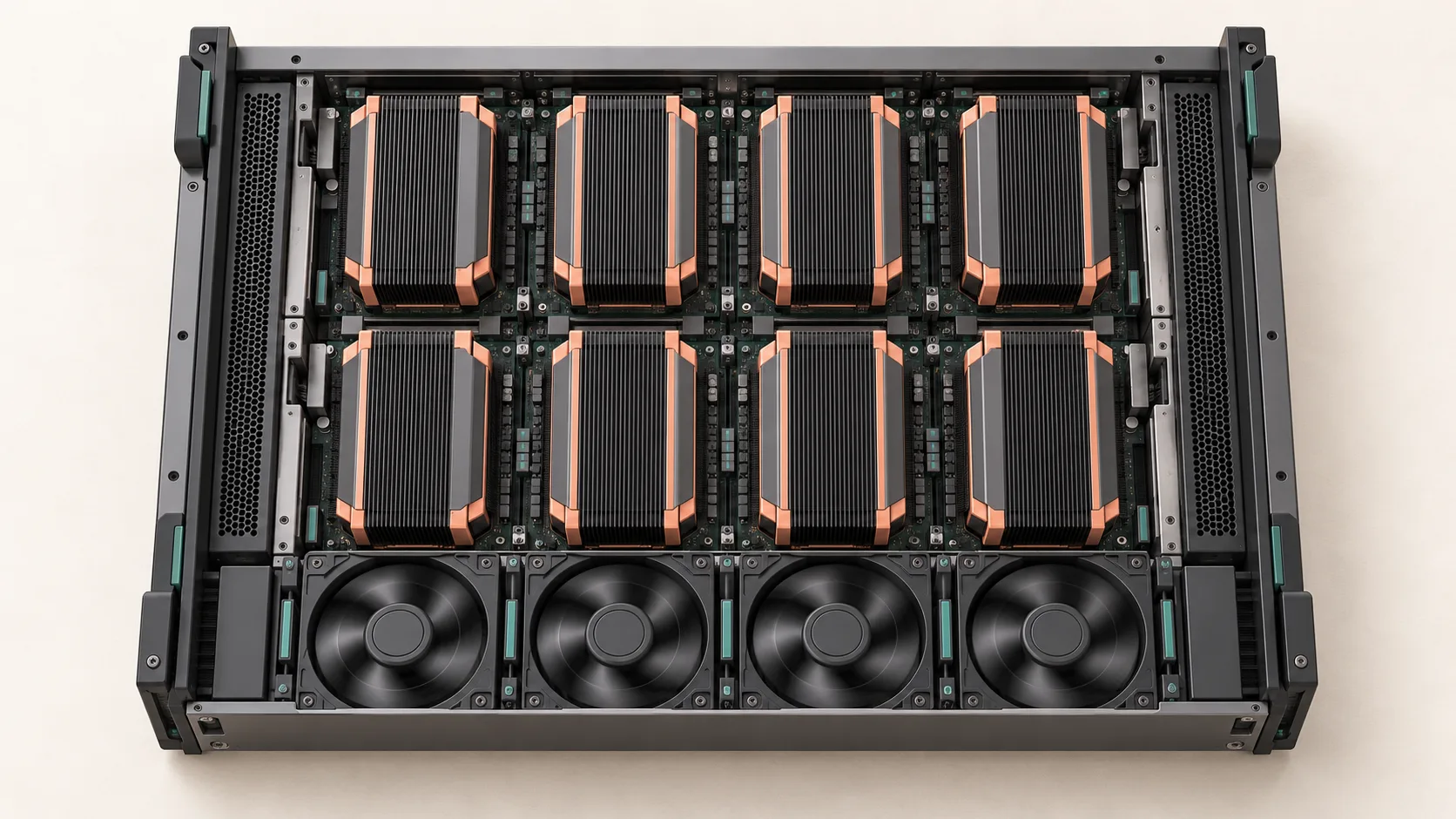 An open inference server houses eight tightly packed GPU accelerators, with cooling fans spinning along the chassis edge.