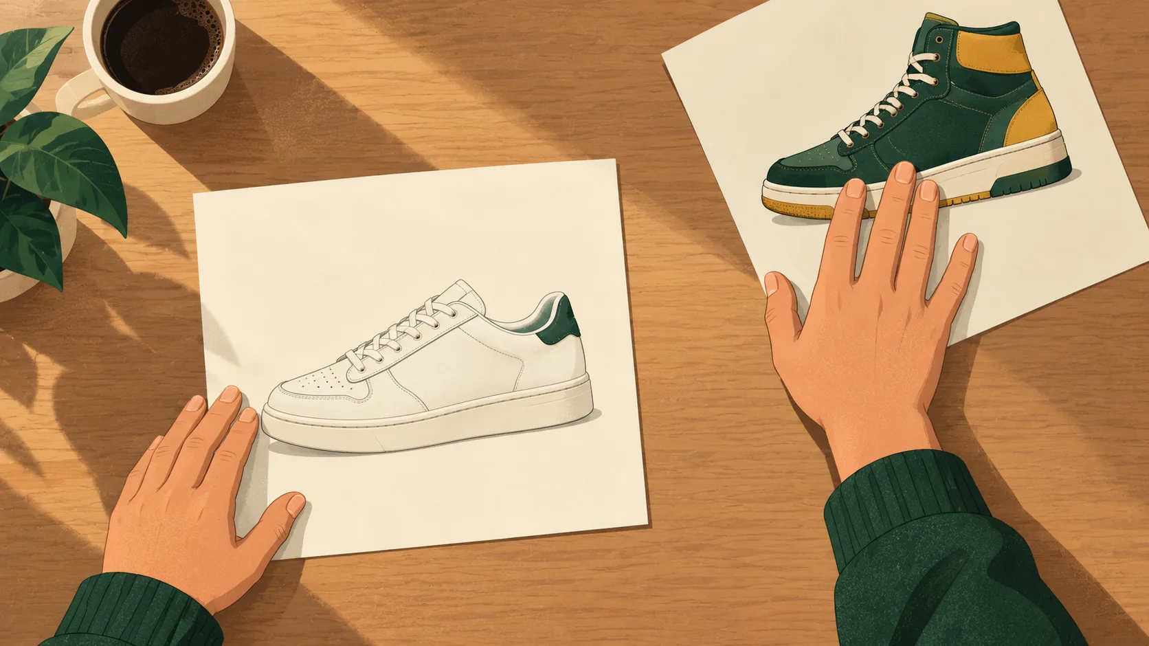A customer compares a sneaker authorization with a different shoe pictured in a purchase record, pushing the mismatched order aside.