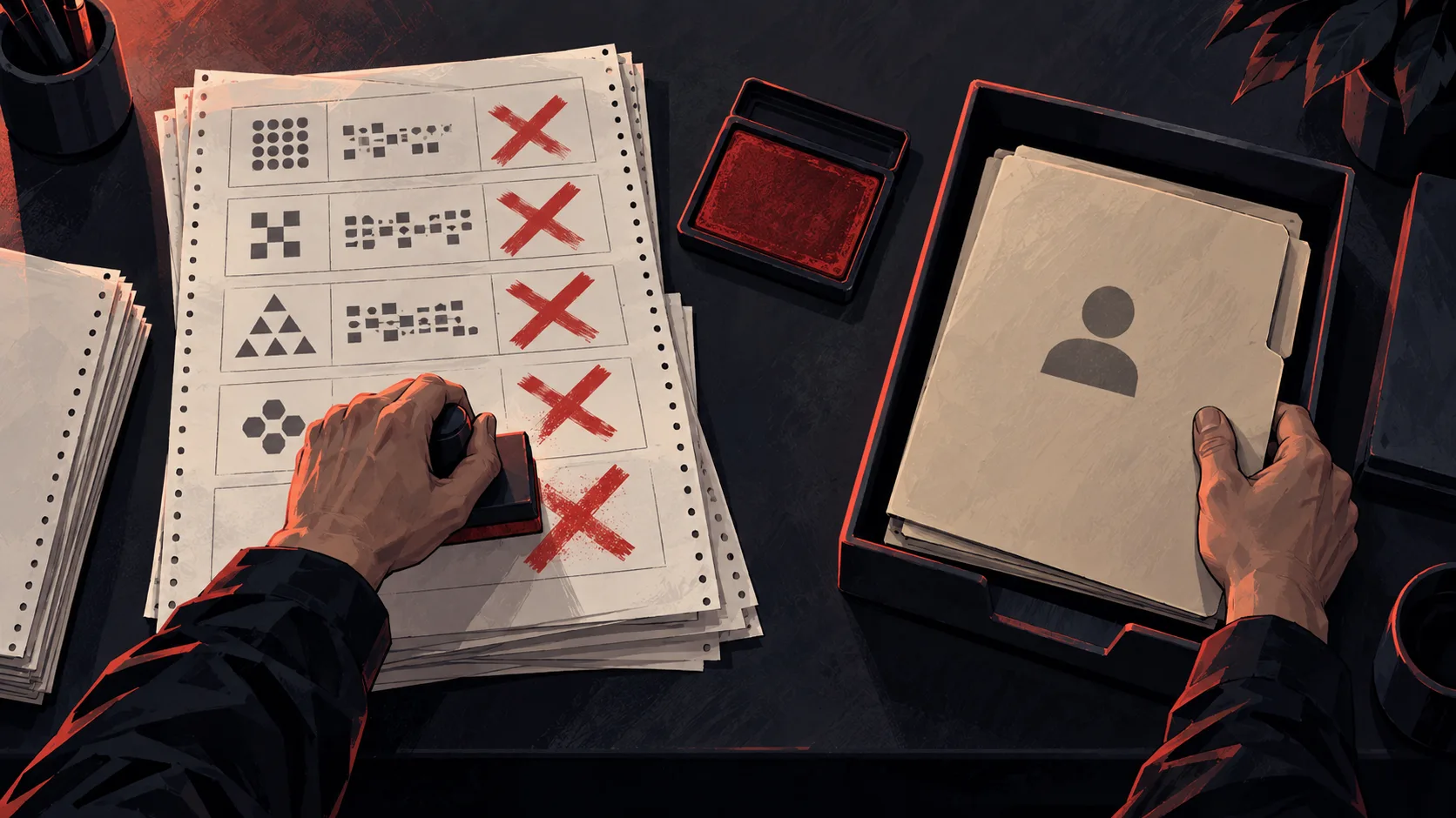 A security reviewer stamps repeated requests for hidden reasoning as rejected and sets the associated account record aside.