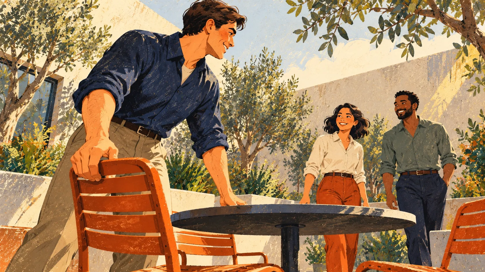 A meeting organizer pulls out a chair as two colleagues arrive for a meeting in a workplace courtyard.