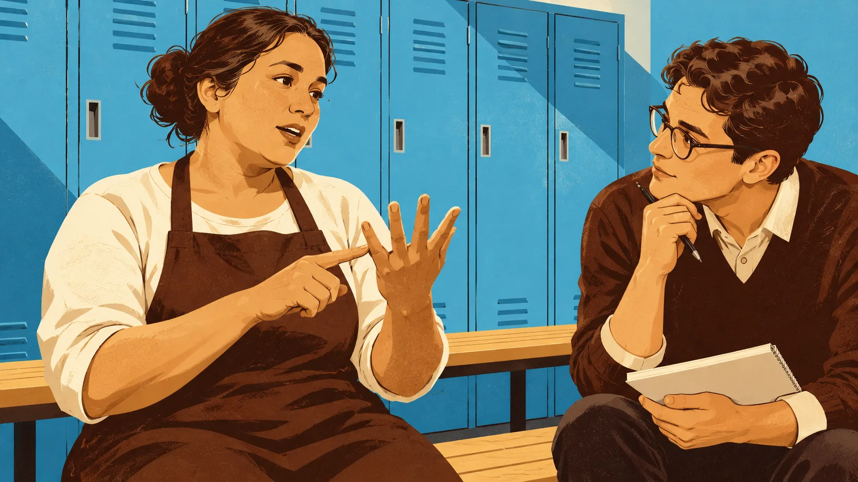 A worker explains their job tasks to a labor researcher during a conversation in a workplace break room.
