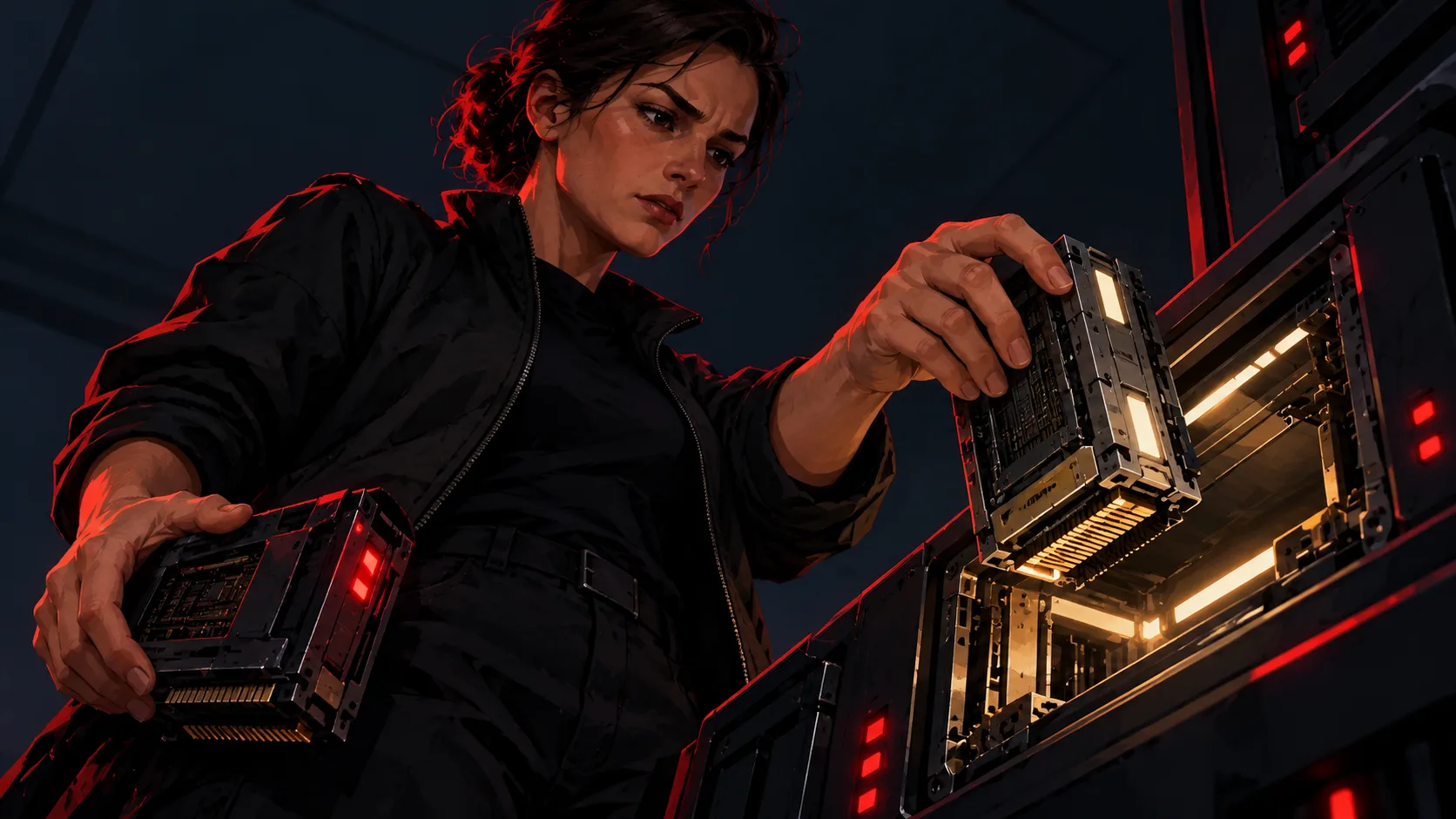 A researcher holds a replacement system module above an open slot on a dark equipment cabinet while holding a discarded module below.