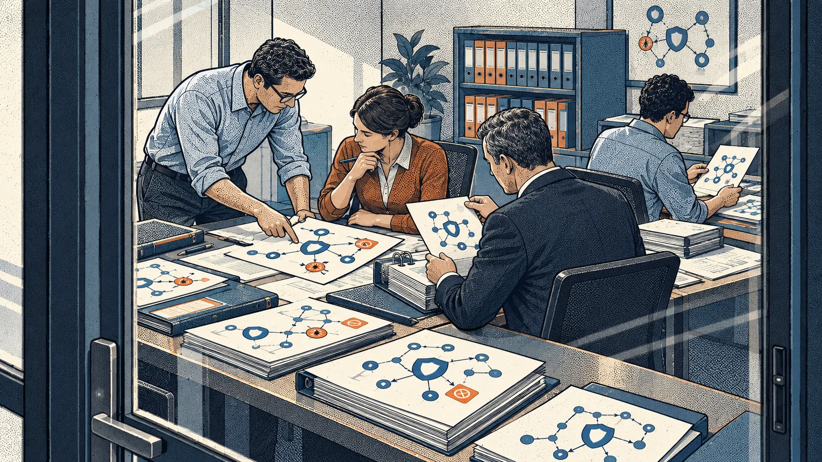 Security specialists present safety-system testing documentation to institutional reviewers, who examine the evidence and collect reviewed records.