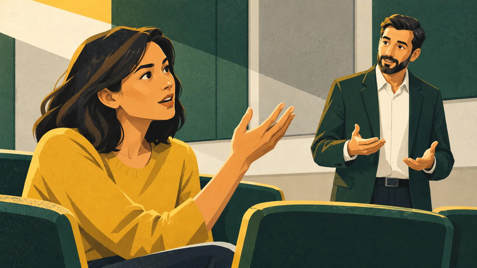 A seated employee raises a hand for clarification during workplace training as an instructor turns toward them to explain.