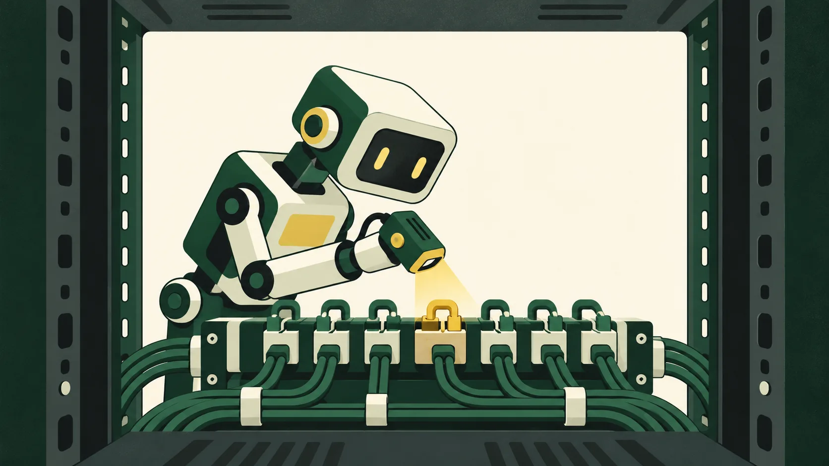 A small automated security agent inspects a server’s network connections and identifies a vulnerable configuration without probing the system.