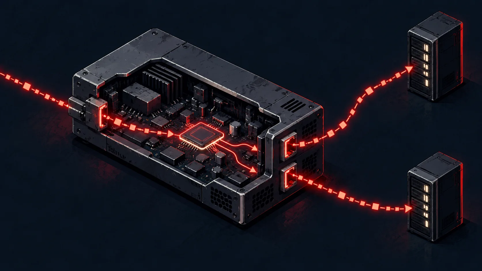 A compromised network device forwards incoming attack traffic to two remote servers, concealing where the traffic originally came from.