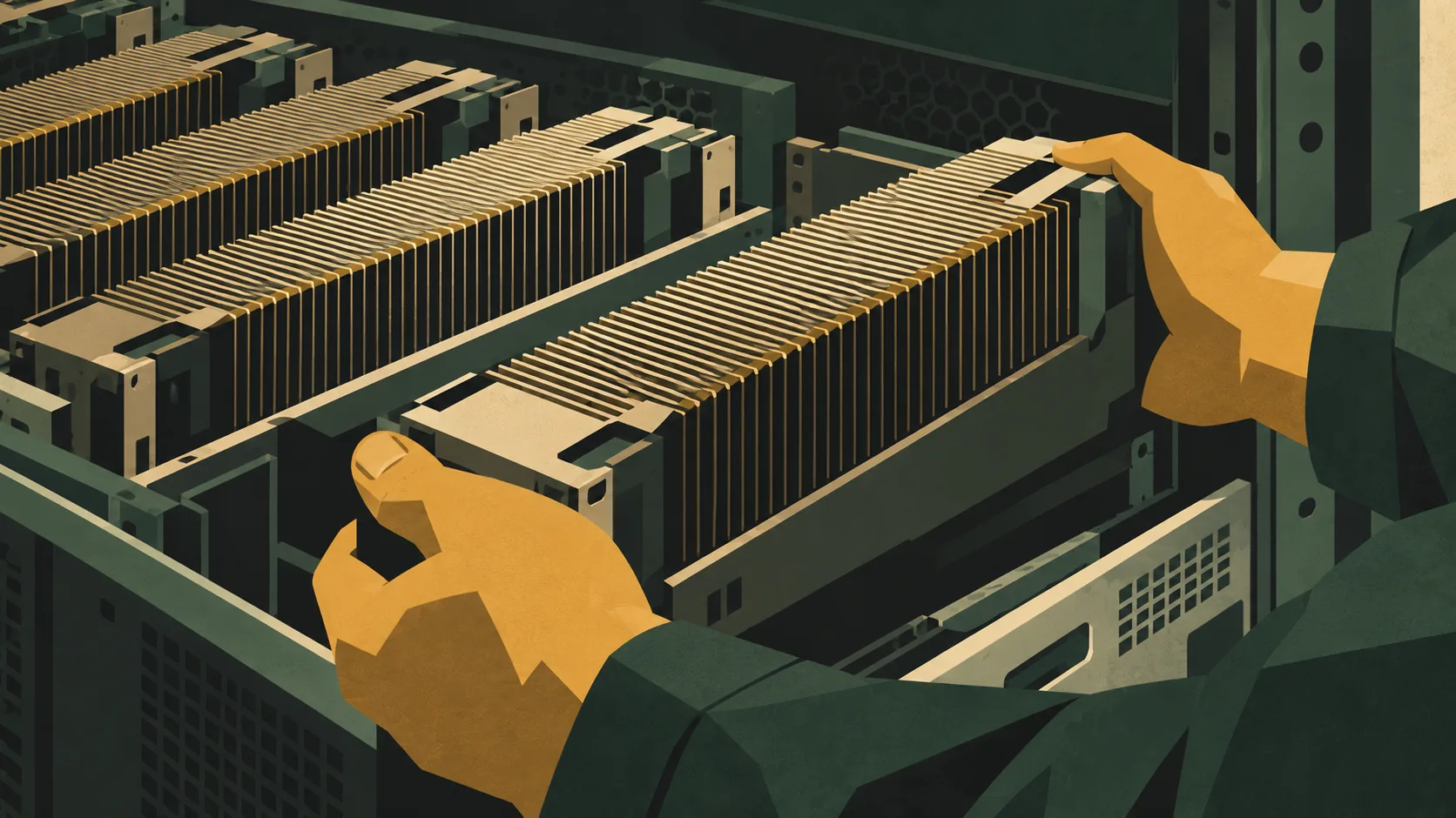 A technician slides a computing accelerator into a server beside several already installed processors.
