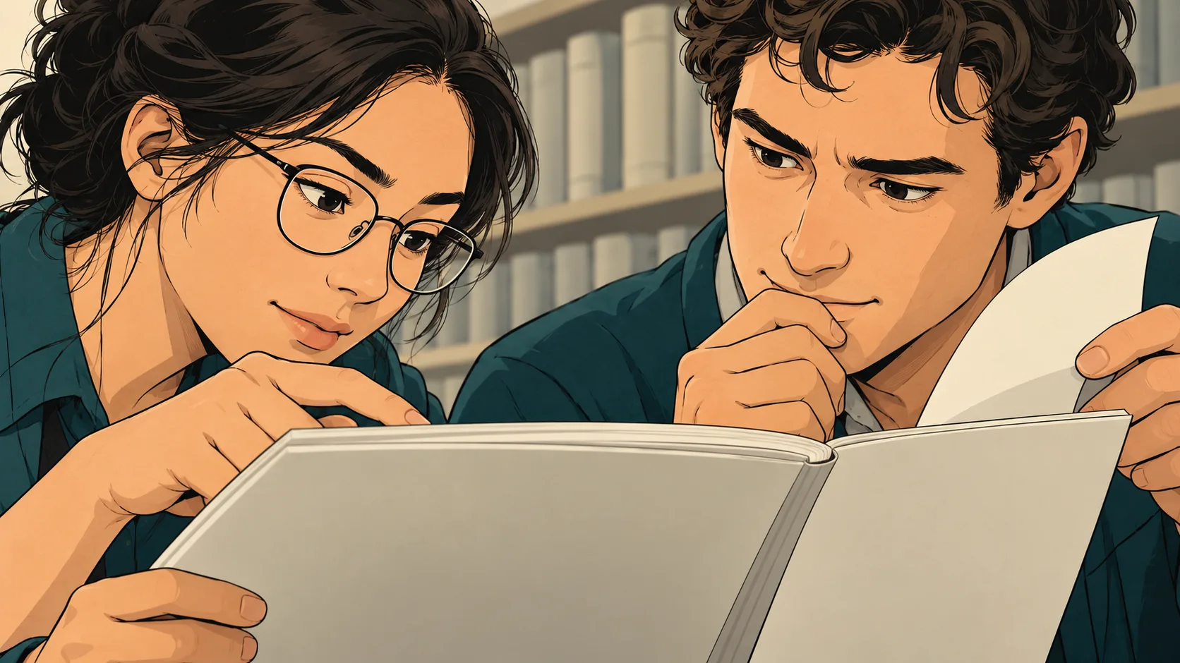 Two researchers examine a verification report together, one tracing the result while the other turns back a page to cross-check it.