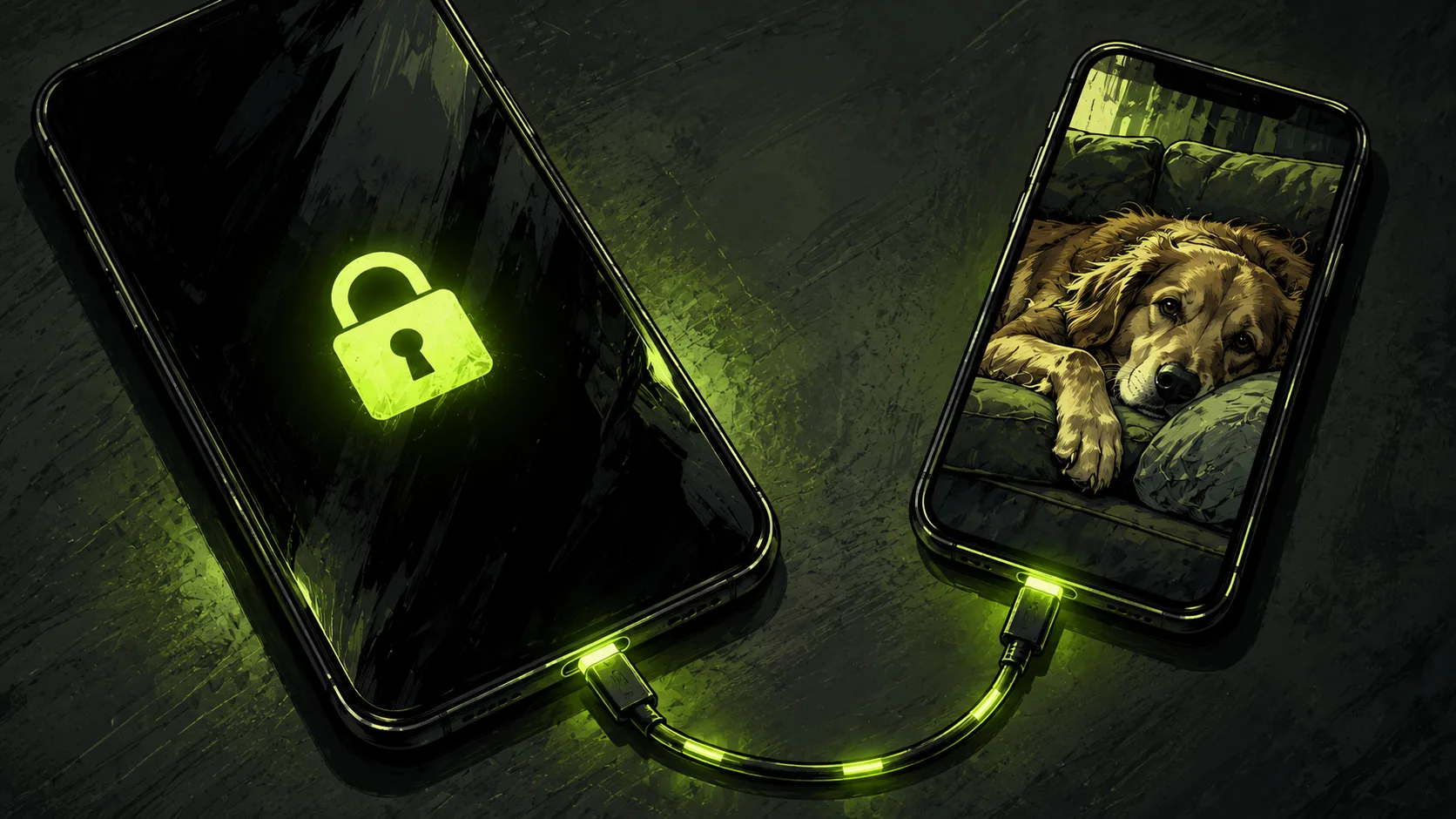 A locked smartphone connects by USB to a second handset displaying a personal photograph extracted from it.