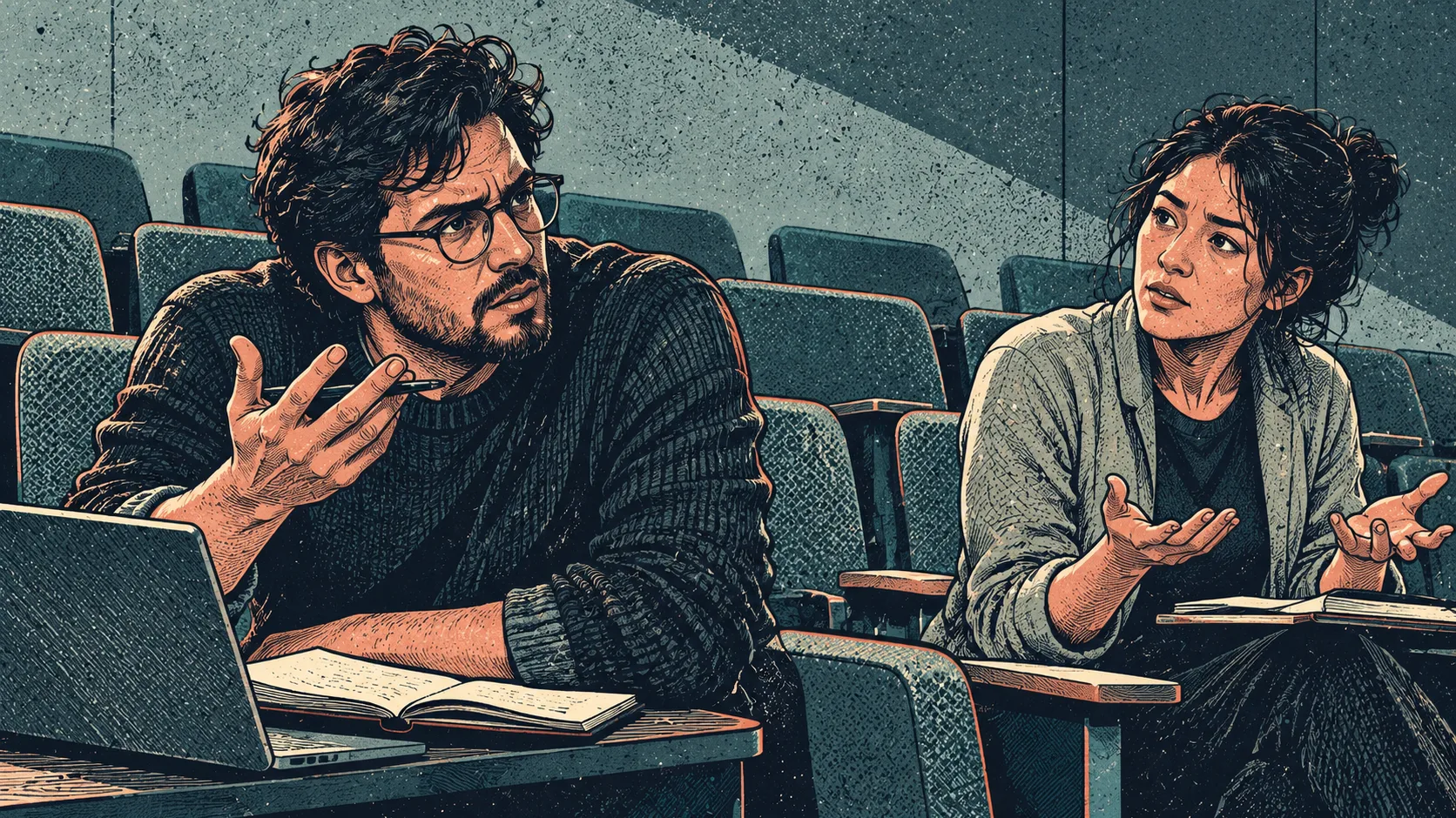 A seated cryptography researcher raises a hand to question a colleague, who responds with an uncertain, open-handed gesture.