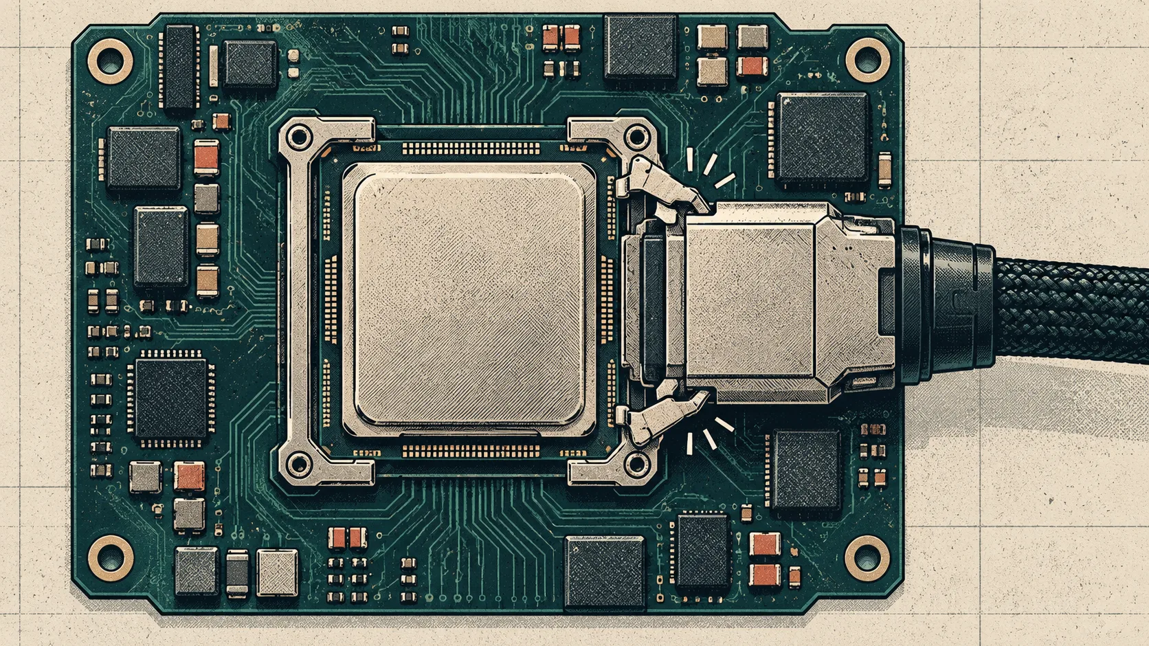 Top-down view of a RISC-V processor chip mounted on a circuit board with testing cables attached.