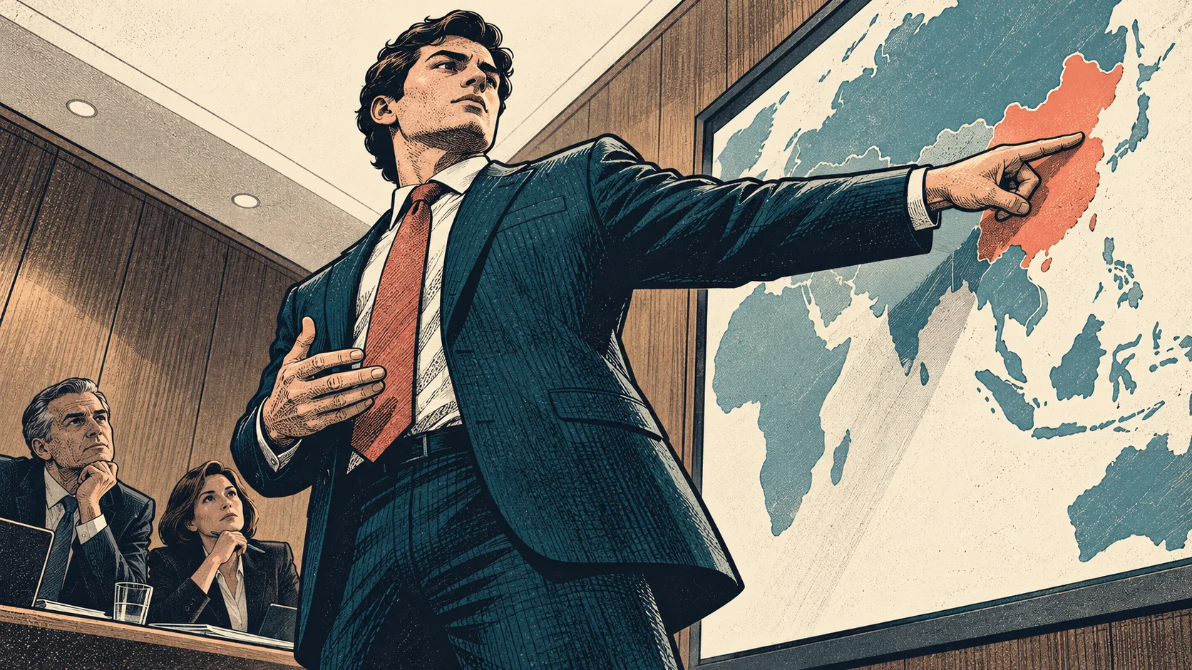 A standing analyst points decisively at a wall-mounted expansion map while presenting to corporate leaders.