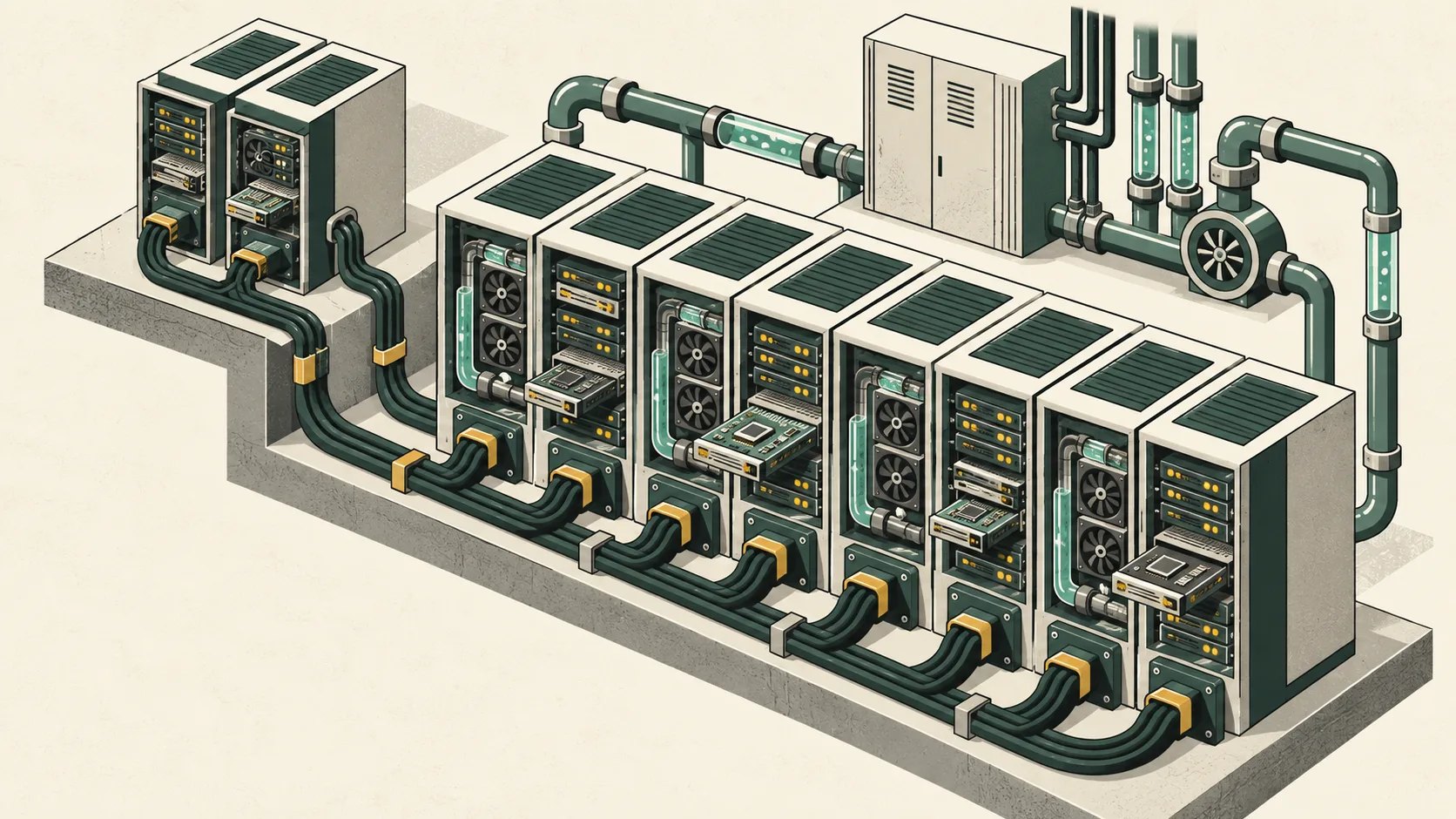 AI computing racks draw power through heavy cables as an expanded bank of servers comes online.