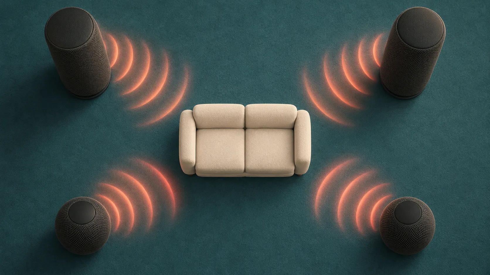 Four smart speakers arranged around a sofa emit overlapping sound waves as they calibrate a surround sound setup.