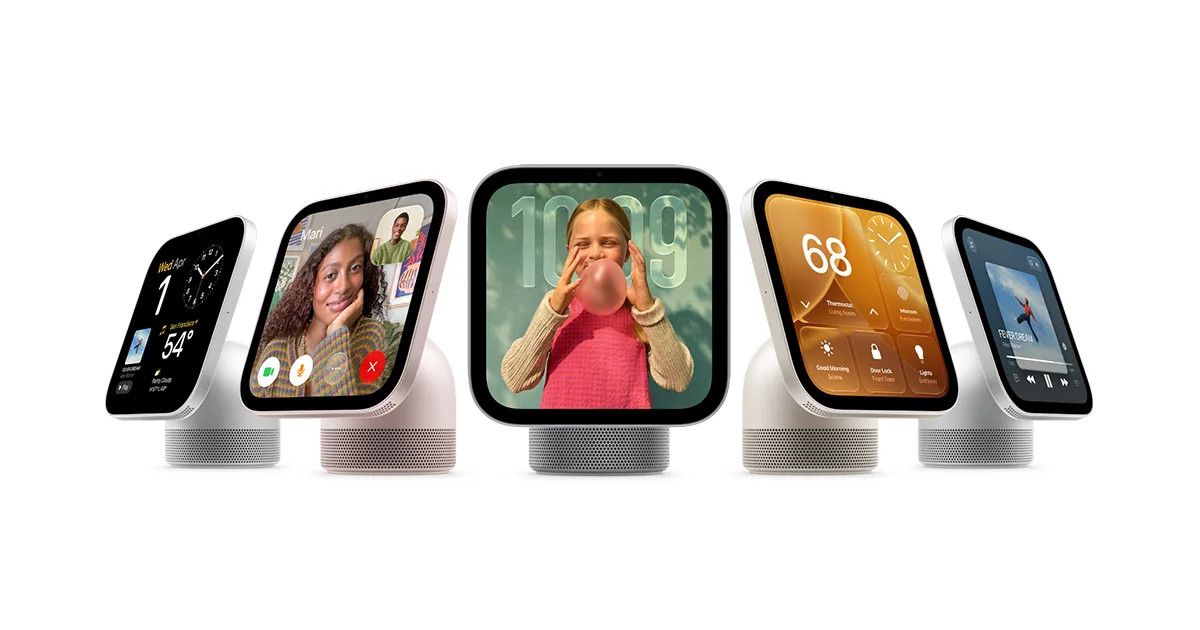 Five Apple HomeView smart displays arranged side by side showing various software interfaces.