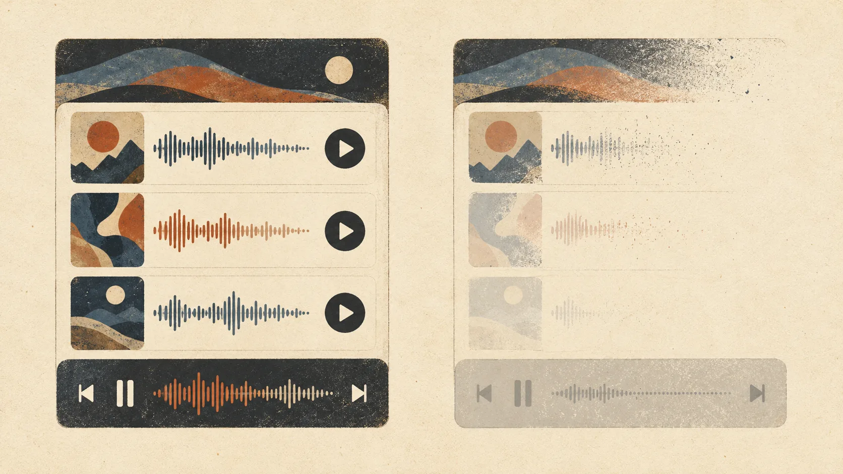 A podcast app changes from playable audio episodes to disabled playback and an empty library, illustrating its announced shutdown.