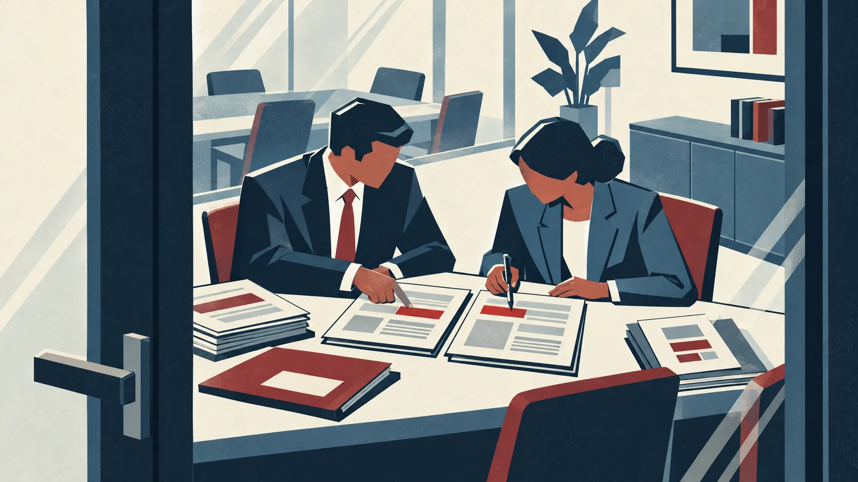 A lawyer uses highlighted passages in earlier agreements to guide a colleague’s review of a new business contract.