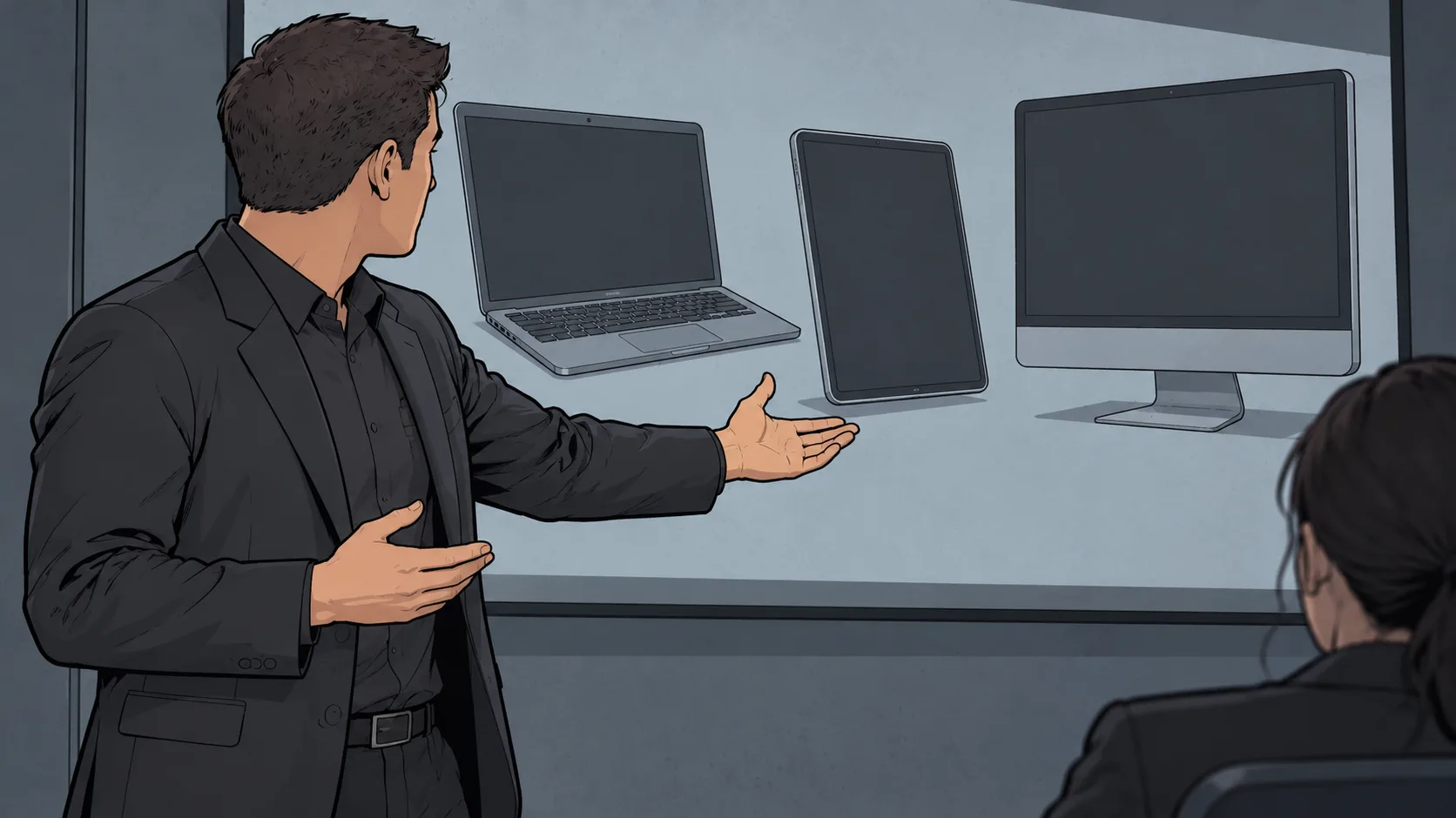 A presenter explains proposed autonomous software replication to a vendor audience, gesturing toward projected illustrations of different computers and a tablet.