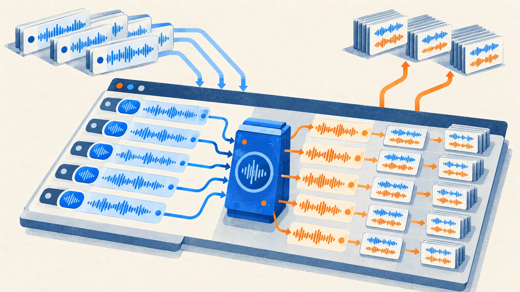 A conversational AI service processes simultaneous customer requests, adding completed exchanges to conversation histories while new requests arrive.