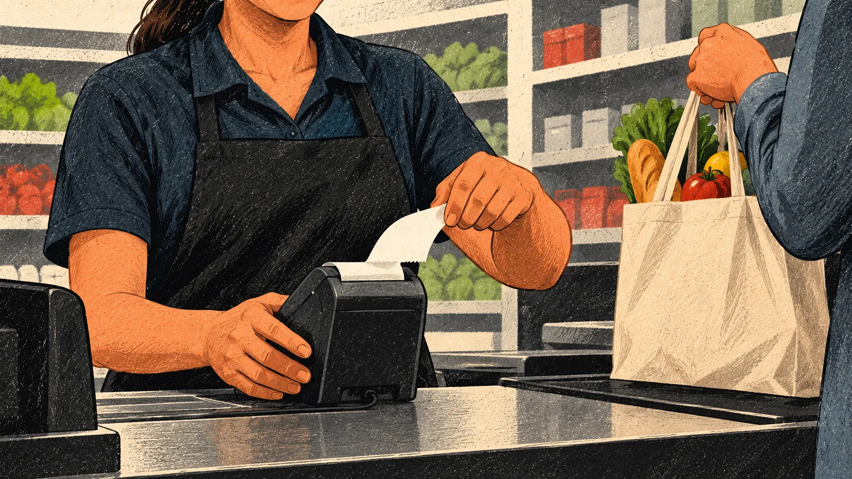 A cashier tears a receipt from a payment terminal while a customer lifts a filled grocery bag.