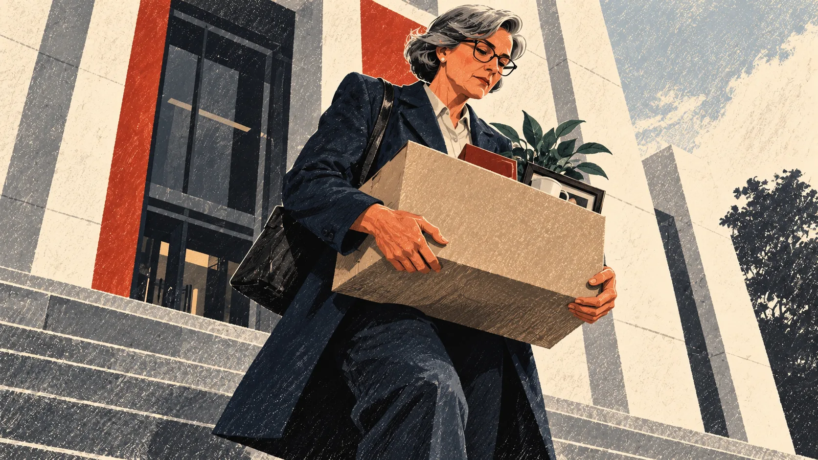 A departing bank employee carries a box of personal belongings down the steps outside an office building.