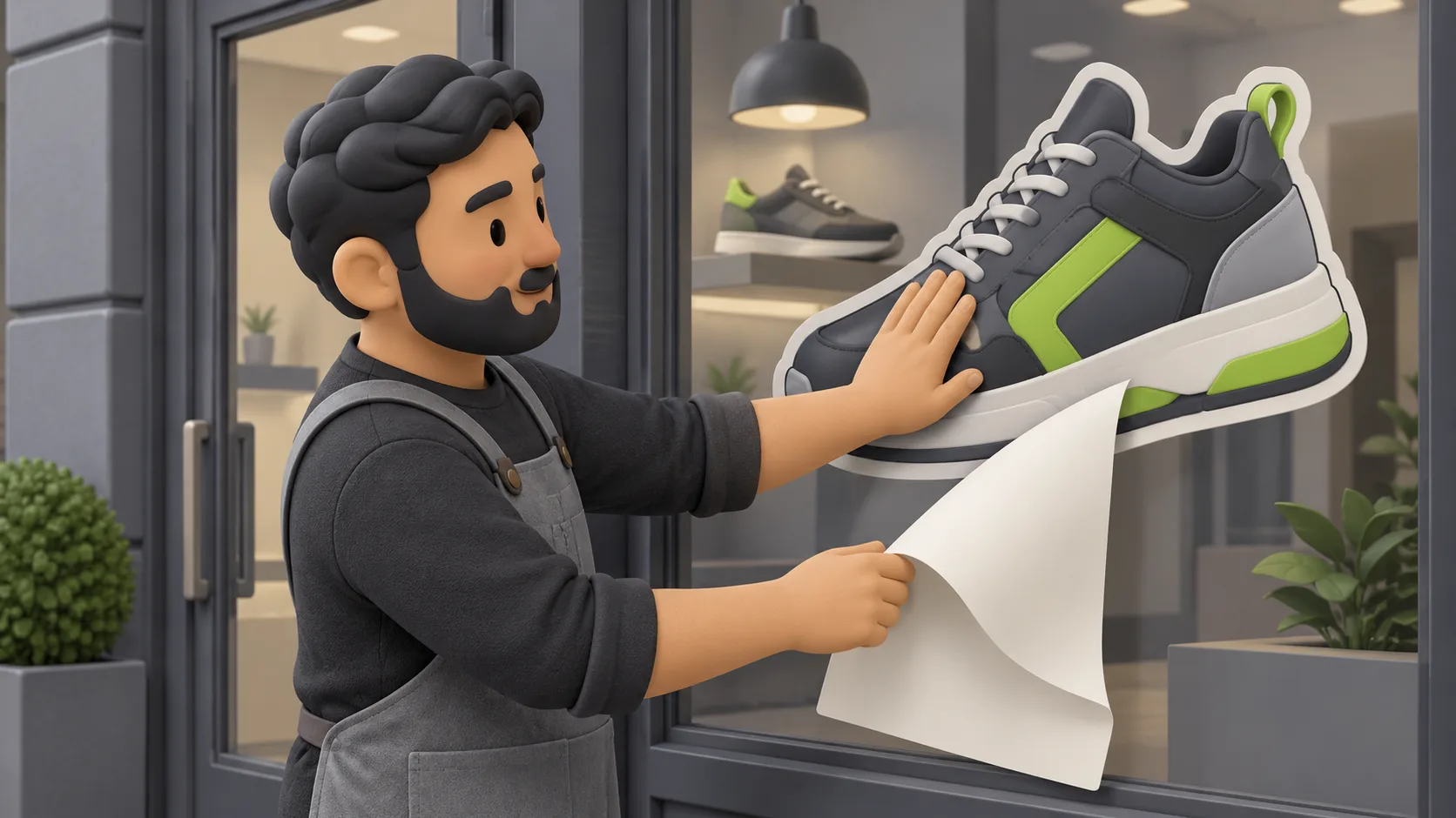 A small-business owner smooths a generated shoe illustration onto a shop window, revealing the finished promotional artwork.