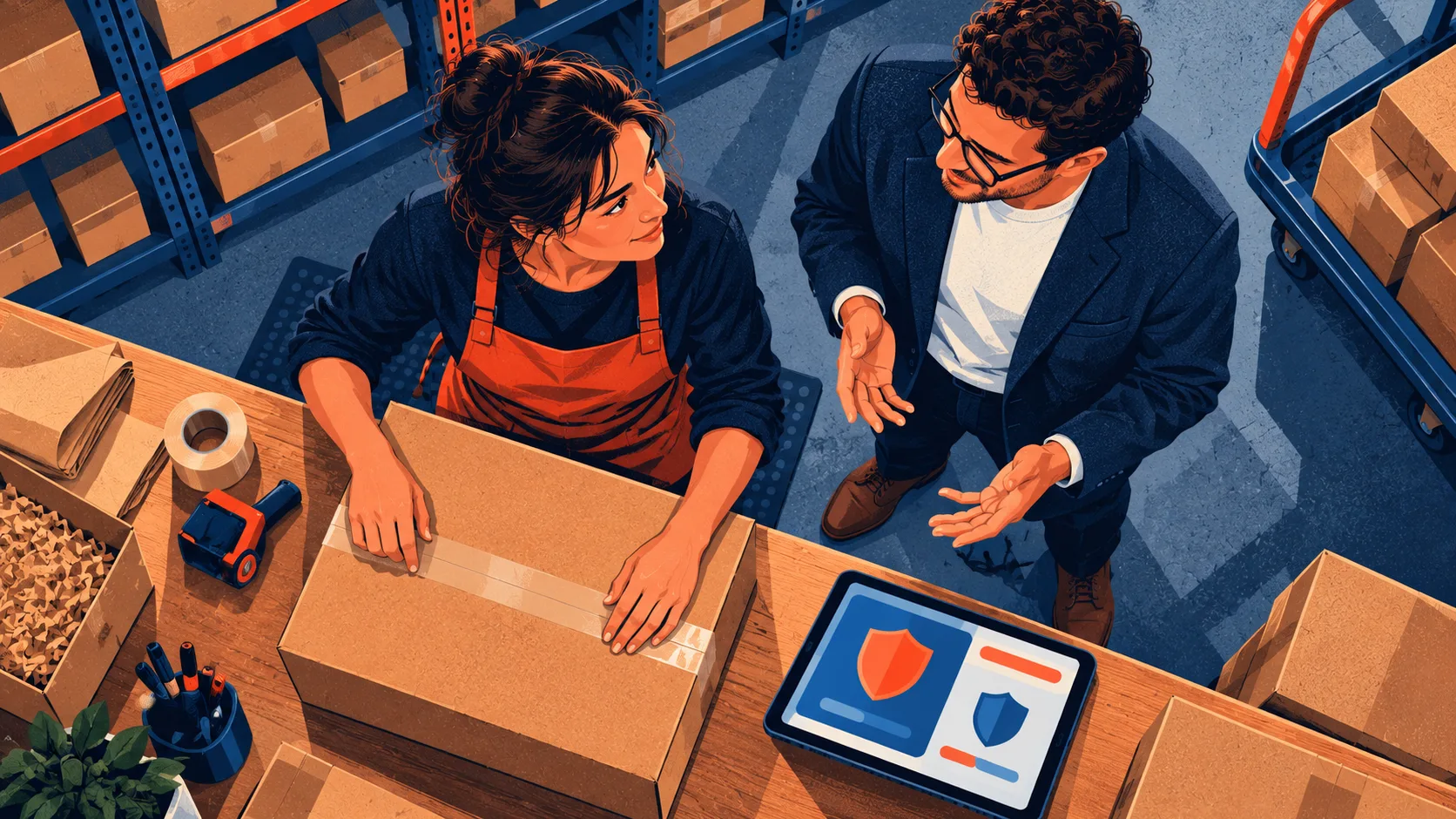 An online retailer packs a customer order while a visiting service provider explains protection options beside the packing bench.