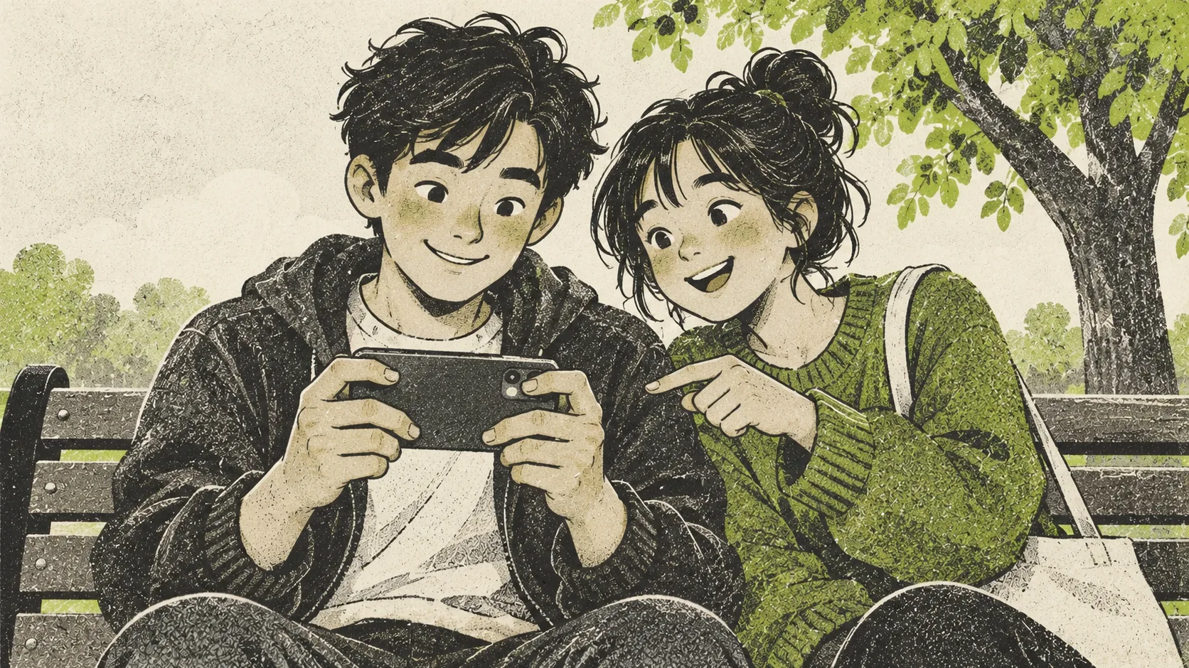 A park visitor plays a newly shared game on a phone while a friend leans closer, smiling and pointing.