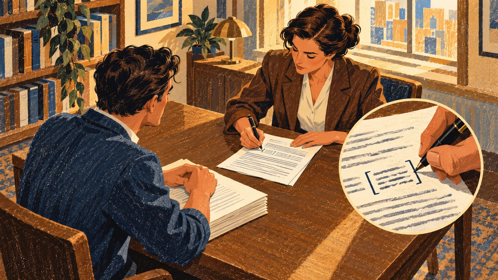 A literary agent adds a protective clause to a publishing contract while an author holds an unpublished manuscript.