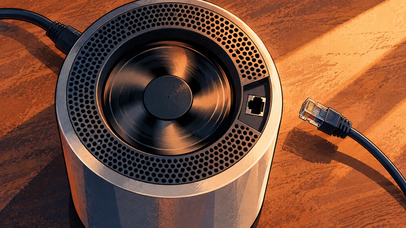 A compact desktop computer runs with its cooling fan spinning while its network cable lies unplugged beside it.