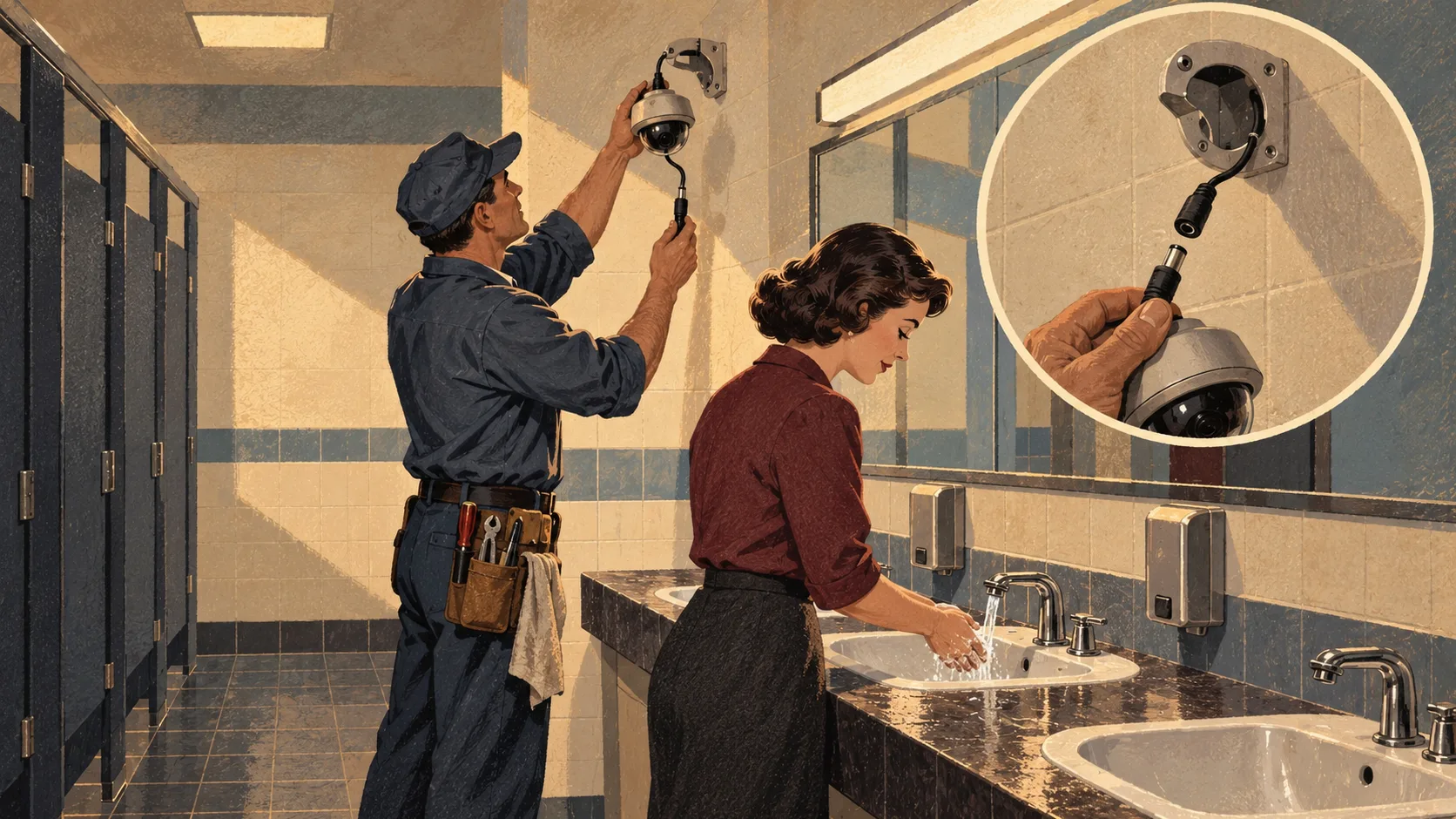 A maintenance technician disconnects a surveillance camera inside a workplace bathroom while an employee washes their hands.
