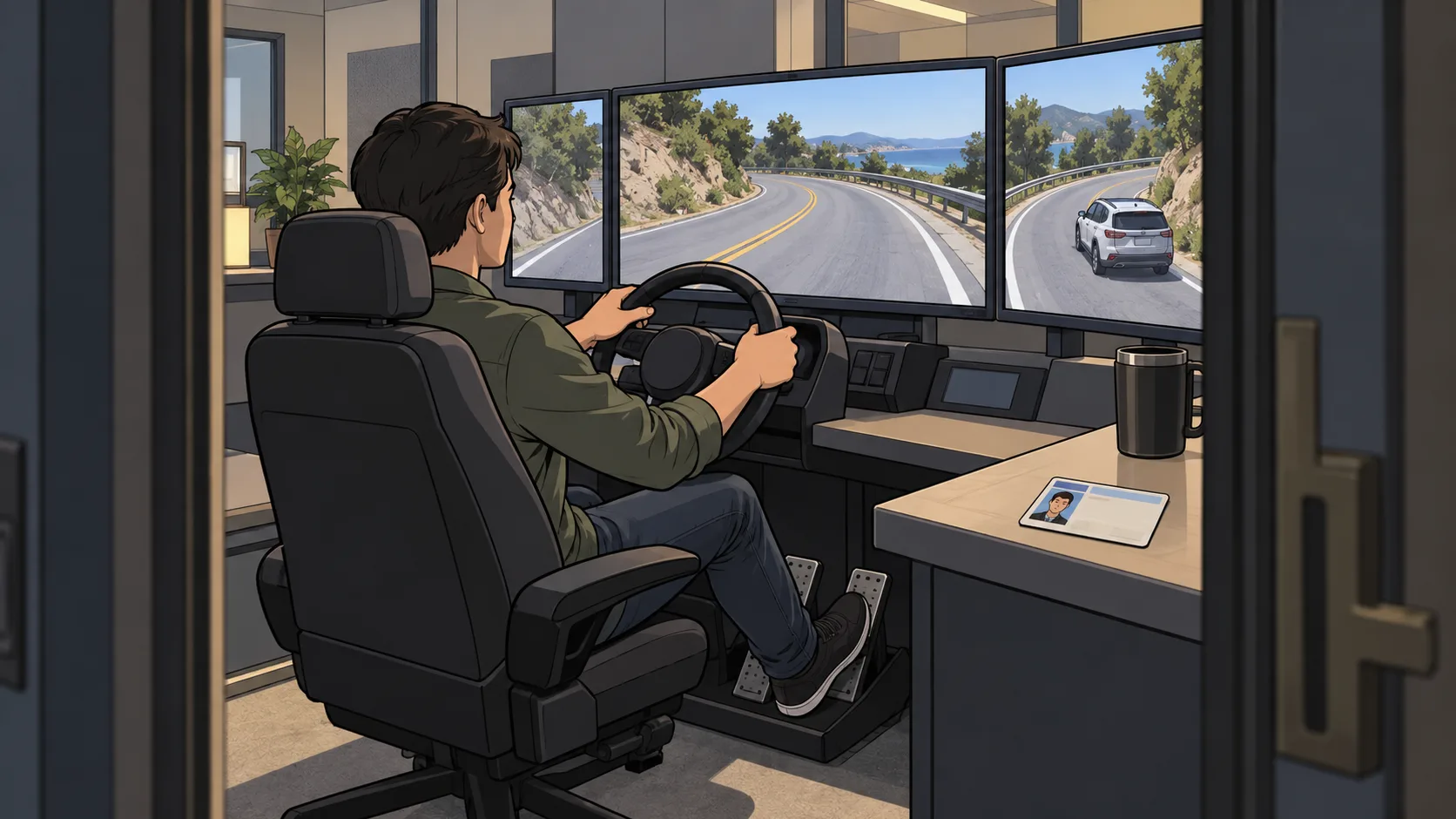 A remote driver turns a steering wheel at a control station while a live road view shows the vehicle following a bend.