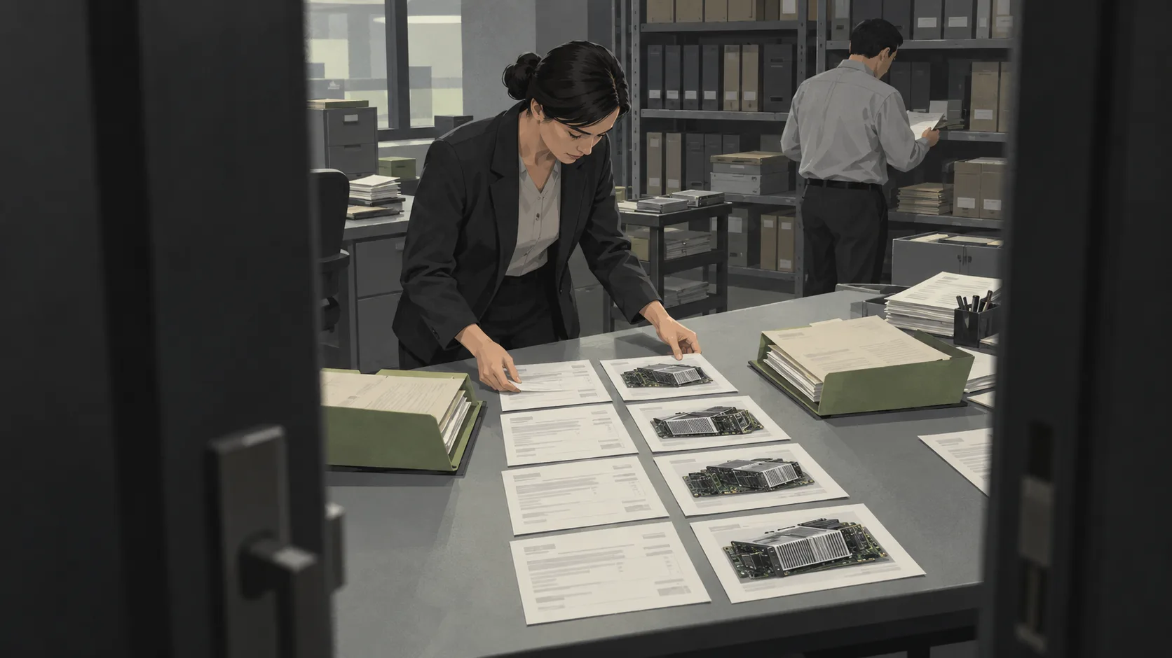 Prosecutors compare payment records from two intermediaries with sales documents showing advanced computing hardware.