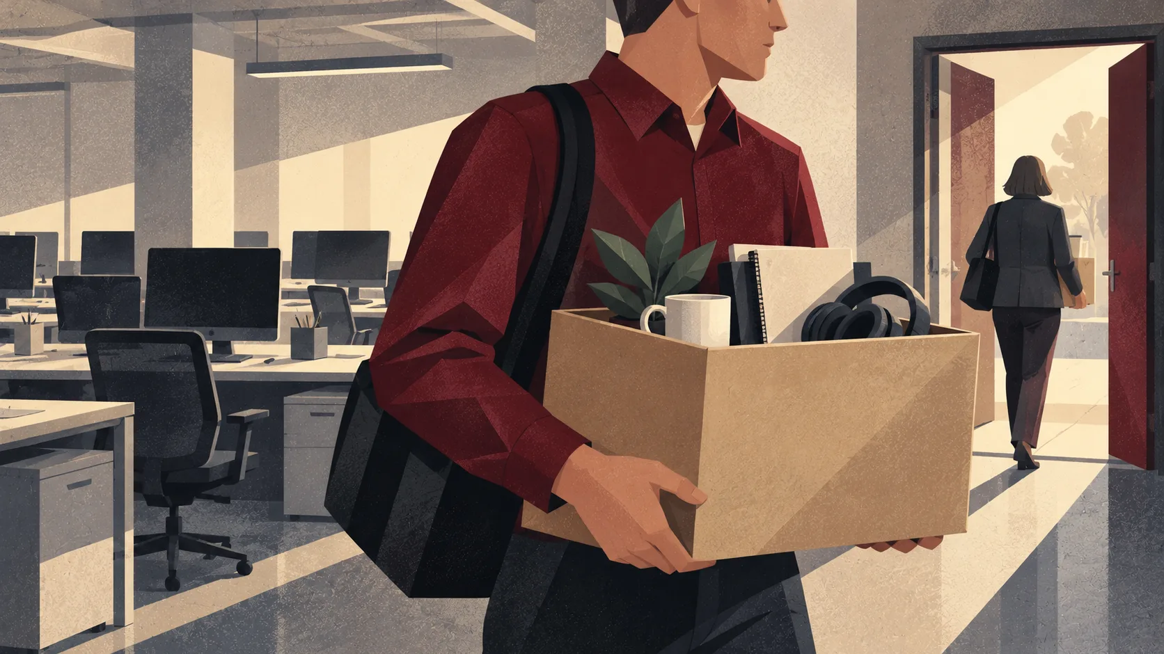 An engineer carries a box of belongings out of a startup office as another employee follows, leaving empty workstations behind.