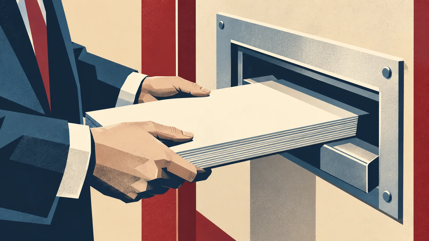 A company representative slides an export filing into a government office’s document intake slot.