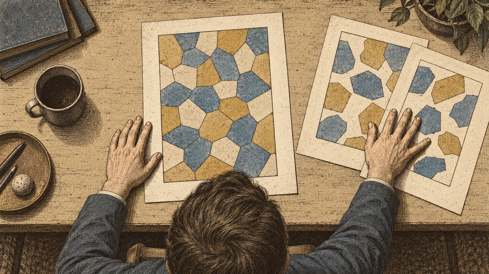 A researcher selects a tightly packed tile arrangement from several experimental results and pushes the less successful attempts aside.