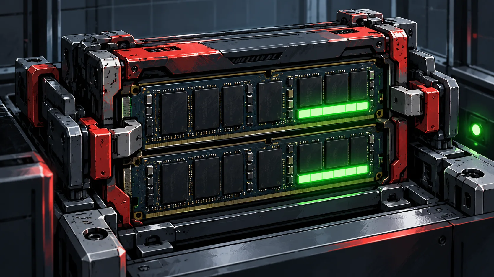 An upgraded dual-card server memory module with glowing green status indicators rests in a clean hardware bay.