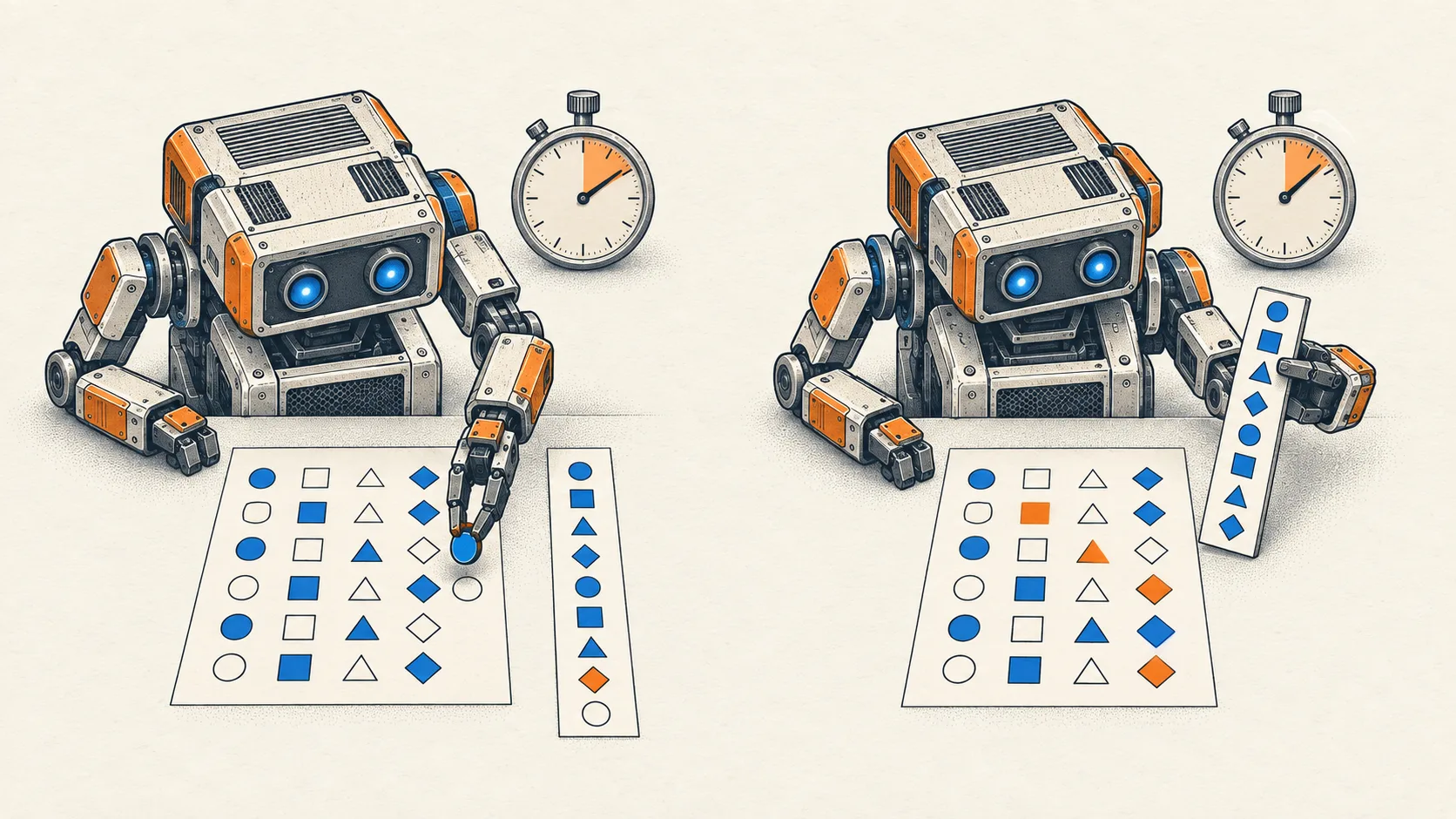 Two model agents complete matching benchmark tests; the slower agent makes fewer errors, while the faster agent finishes with more mismatches.